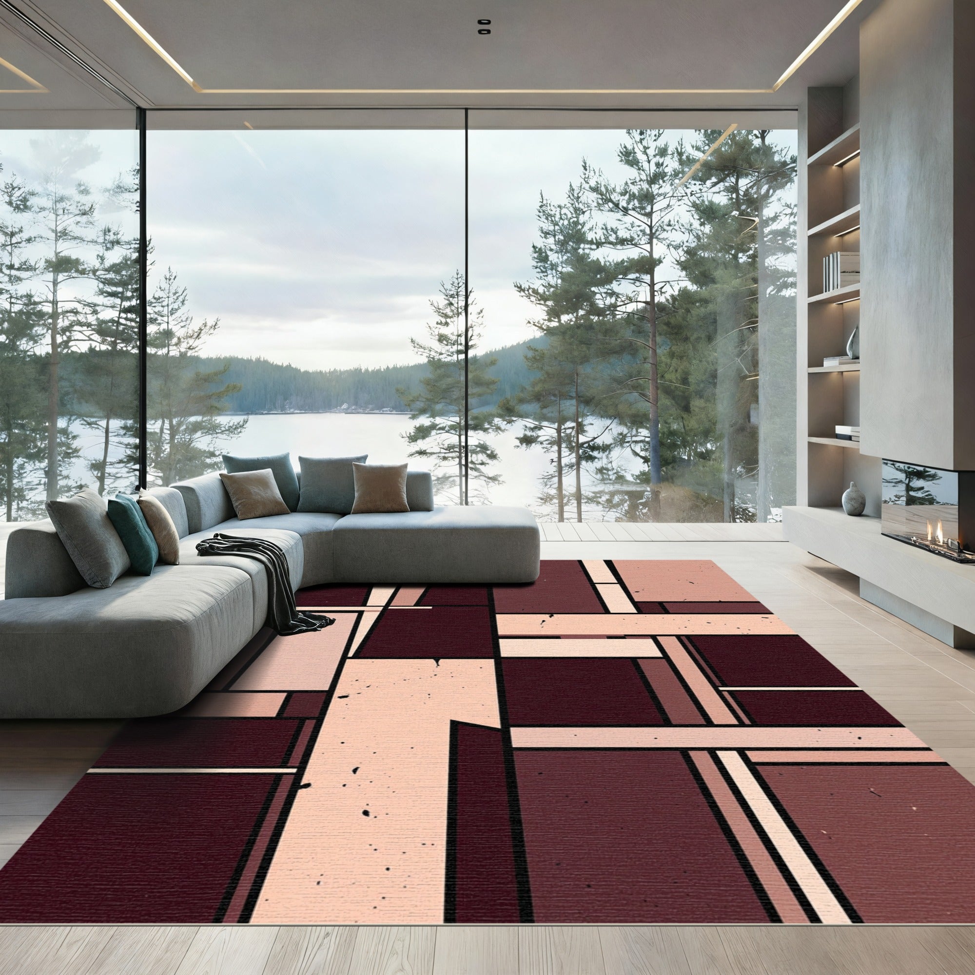 Geometric Burgundy Ochre Blocks Rug