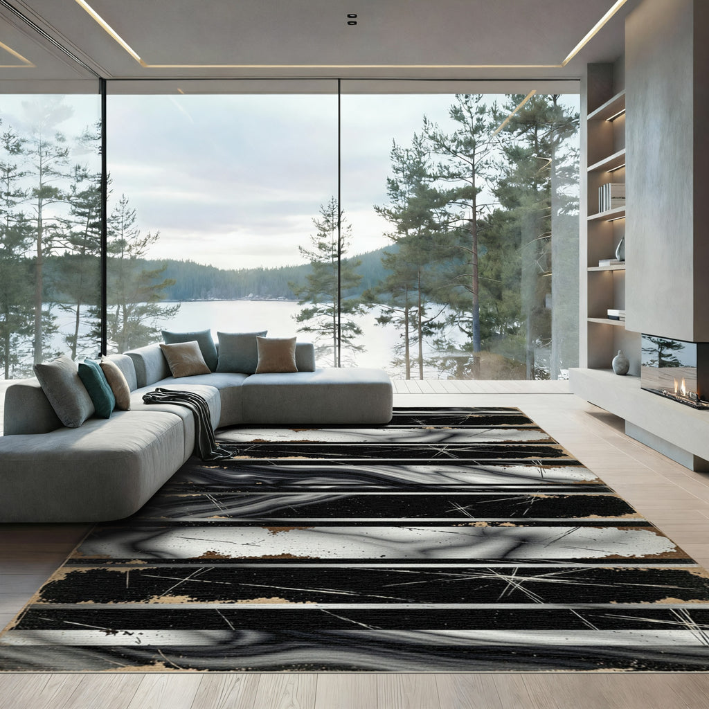 Monochrome Grunge Striped Abstract Rug