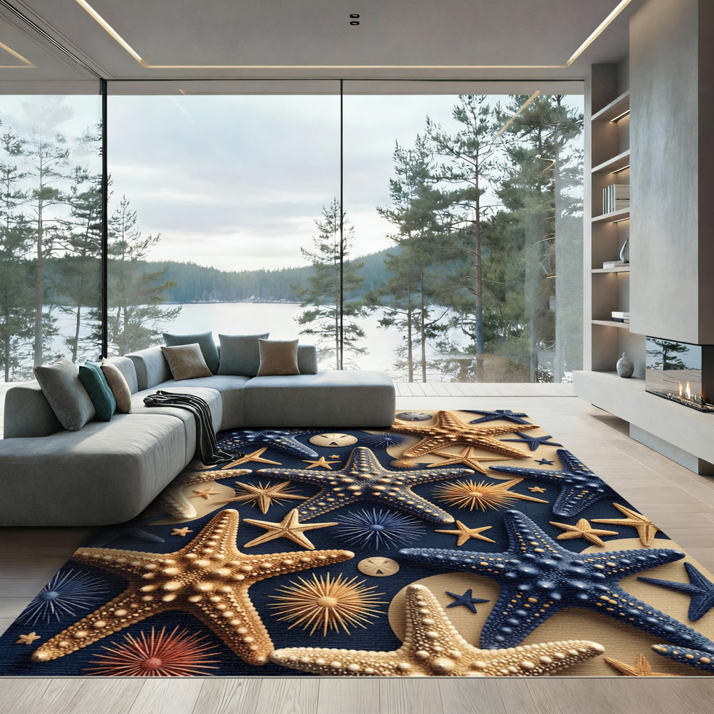 Coastal Navy and Golden Starfish Arrangement Rug