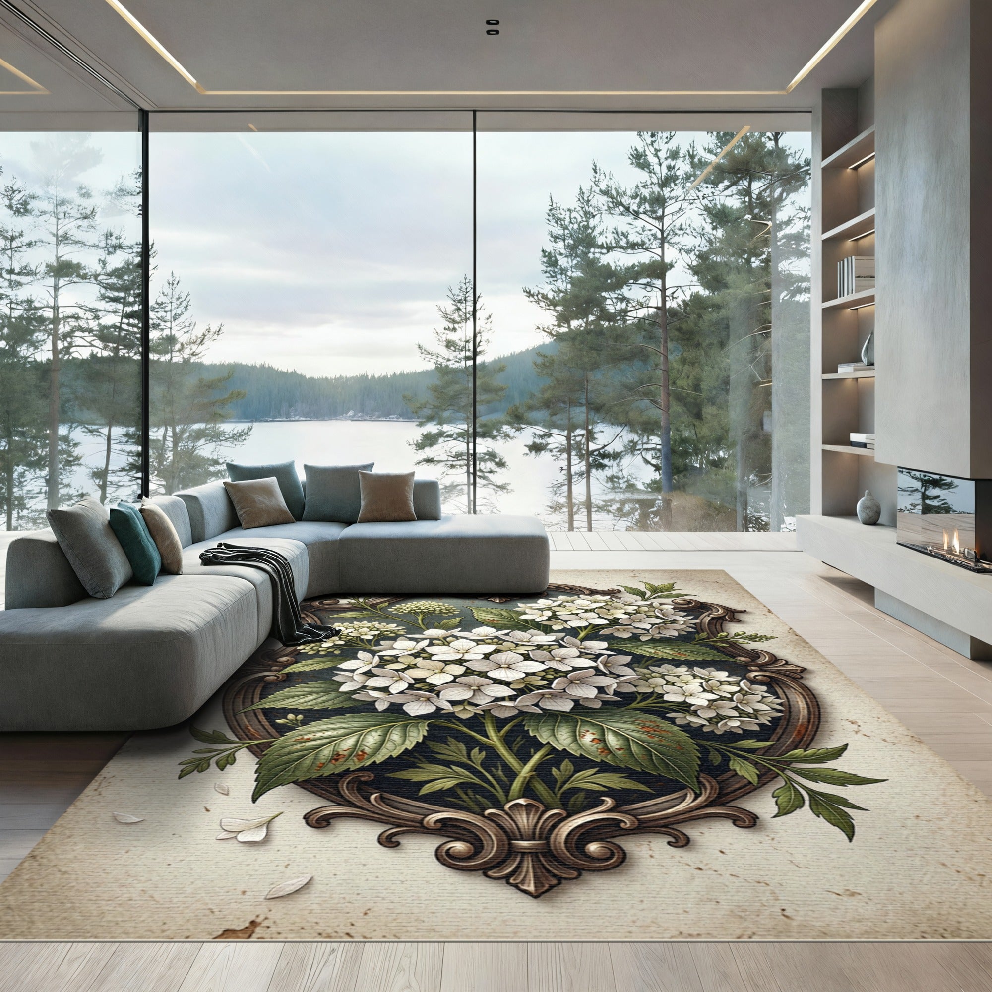 Elegent White Hydrangea Floral Frame Rug