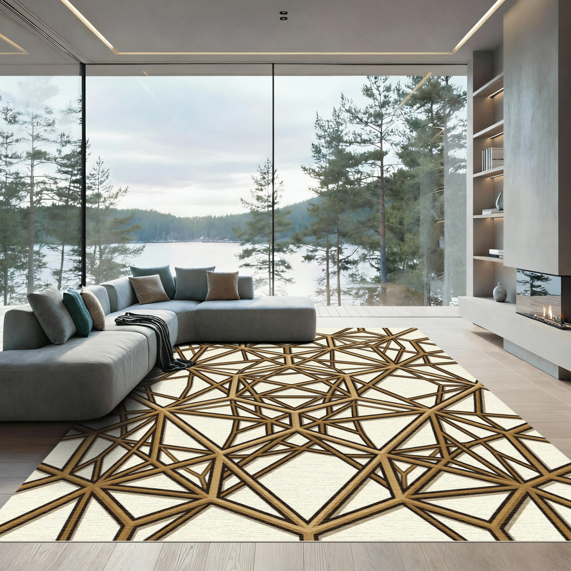 Golden Interlocking Geometric Net Rug