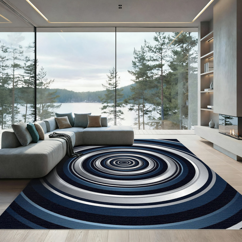 Modern Blue Silver Concentric Circle Rug
