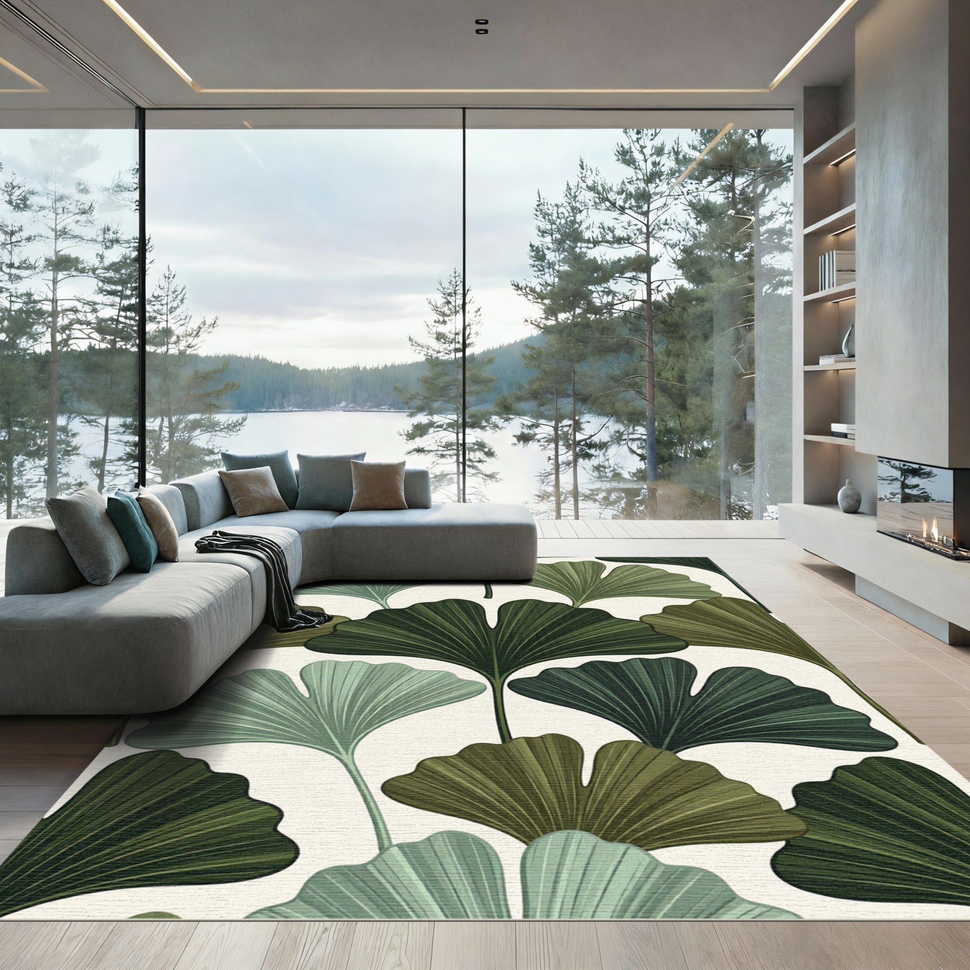 Earthy Green Ginkgo Leaf Garden Rug