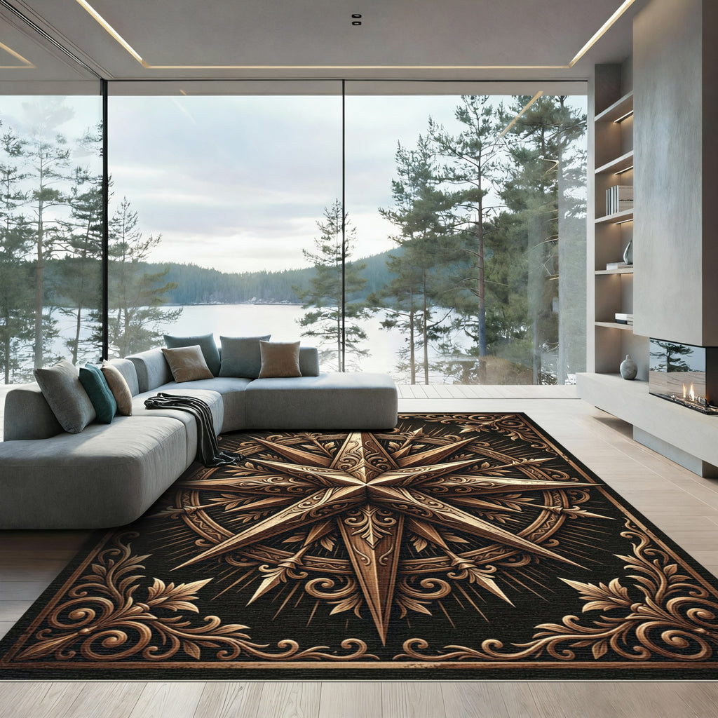 Ornate Bronze Compass Star Medallion Rug