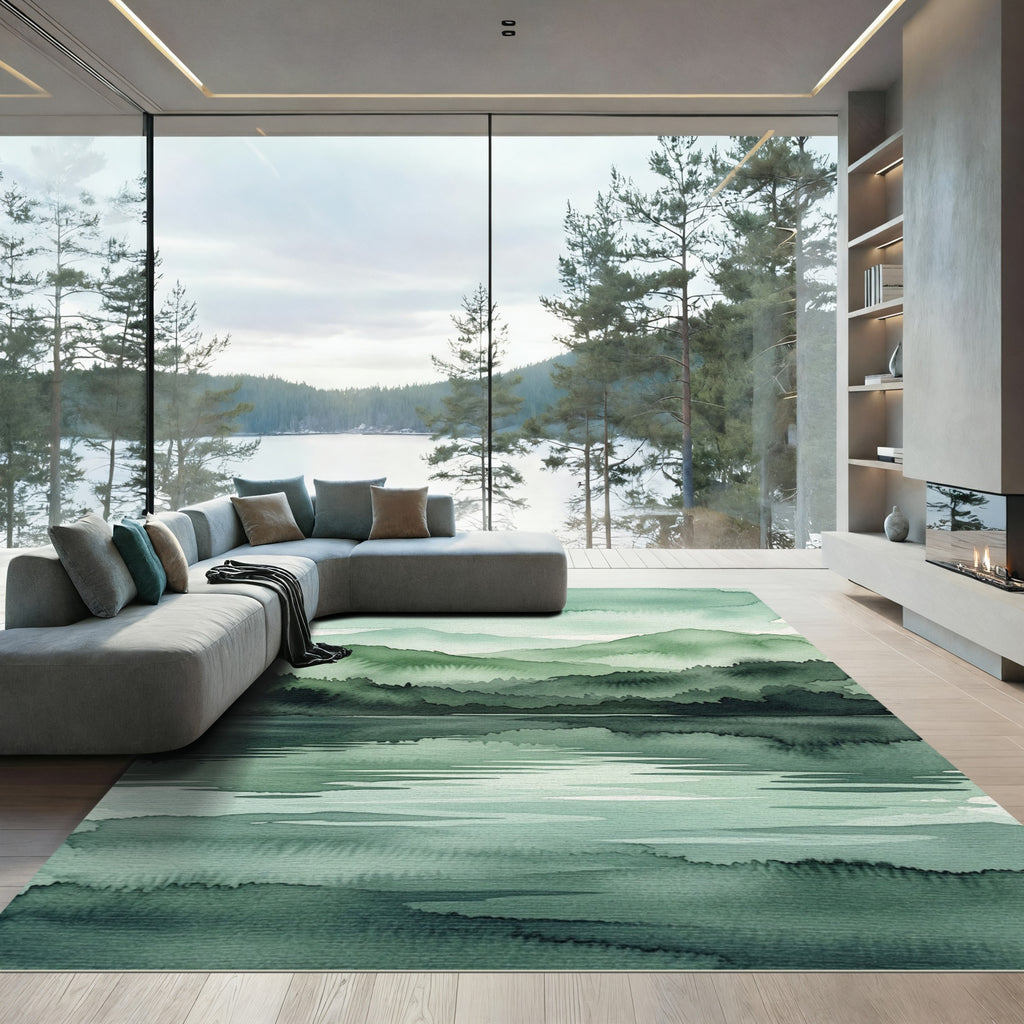 Serene Watercolor Green Mountain Lake Landscape Rug