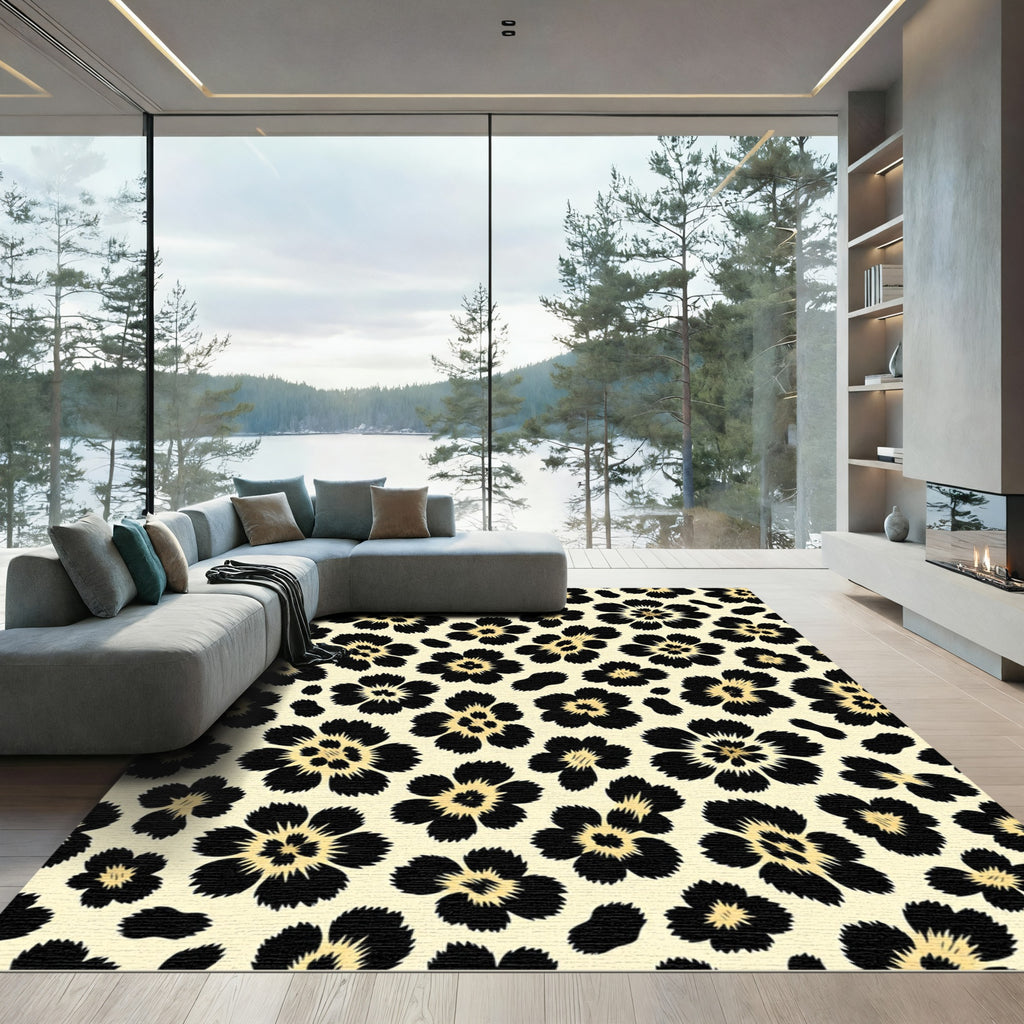 Black and Gold Leopard Floral Arrangement Rug
