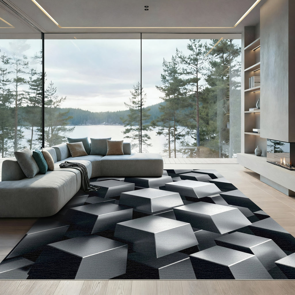 Modern Metallic Silver 3D Cube Grid Rug