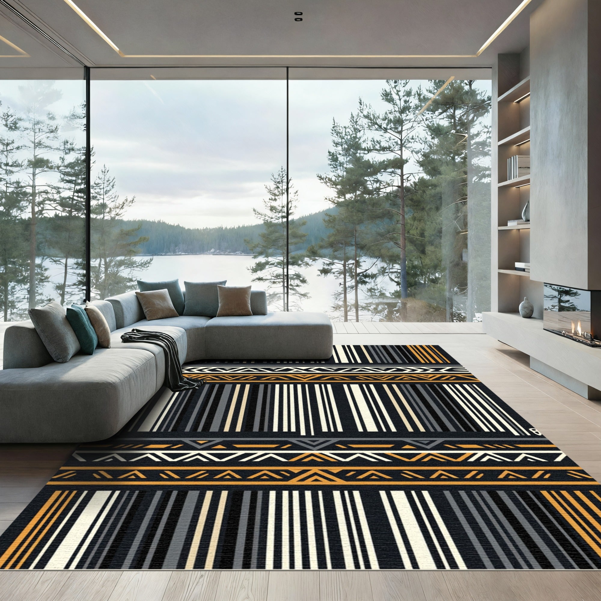 Tribal Black Orange Geometric Stripes Rug