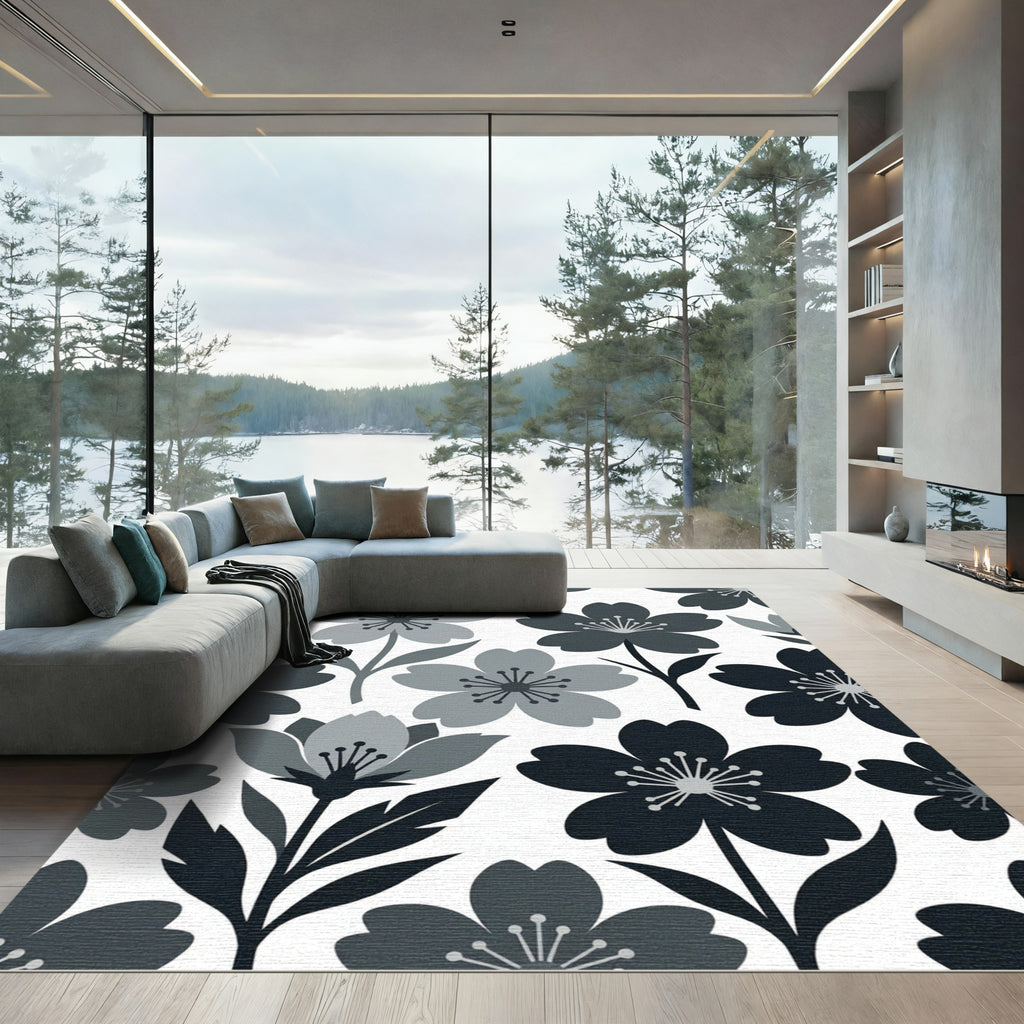 Minimalist Monochrome Floral Blossom Area Rug