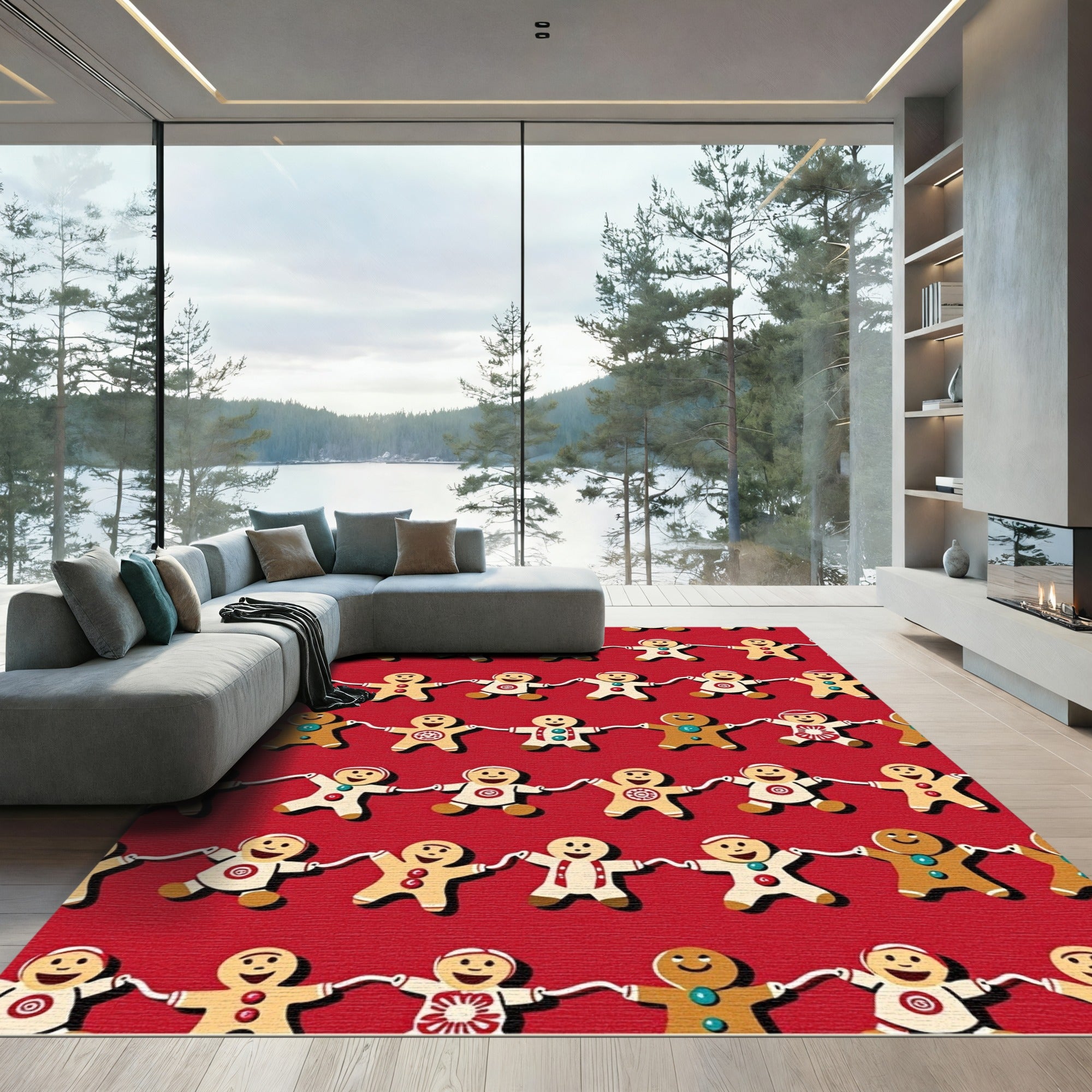 Gingerbread Figures Holding Hands Holiday Red Rug