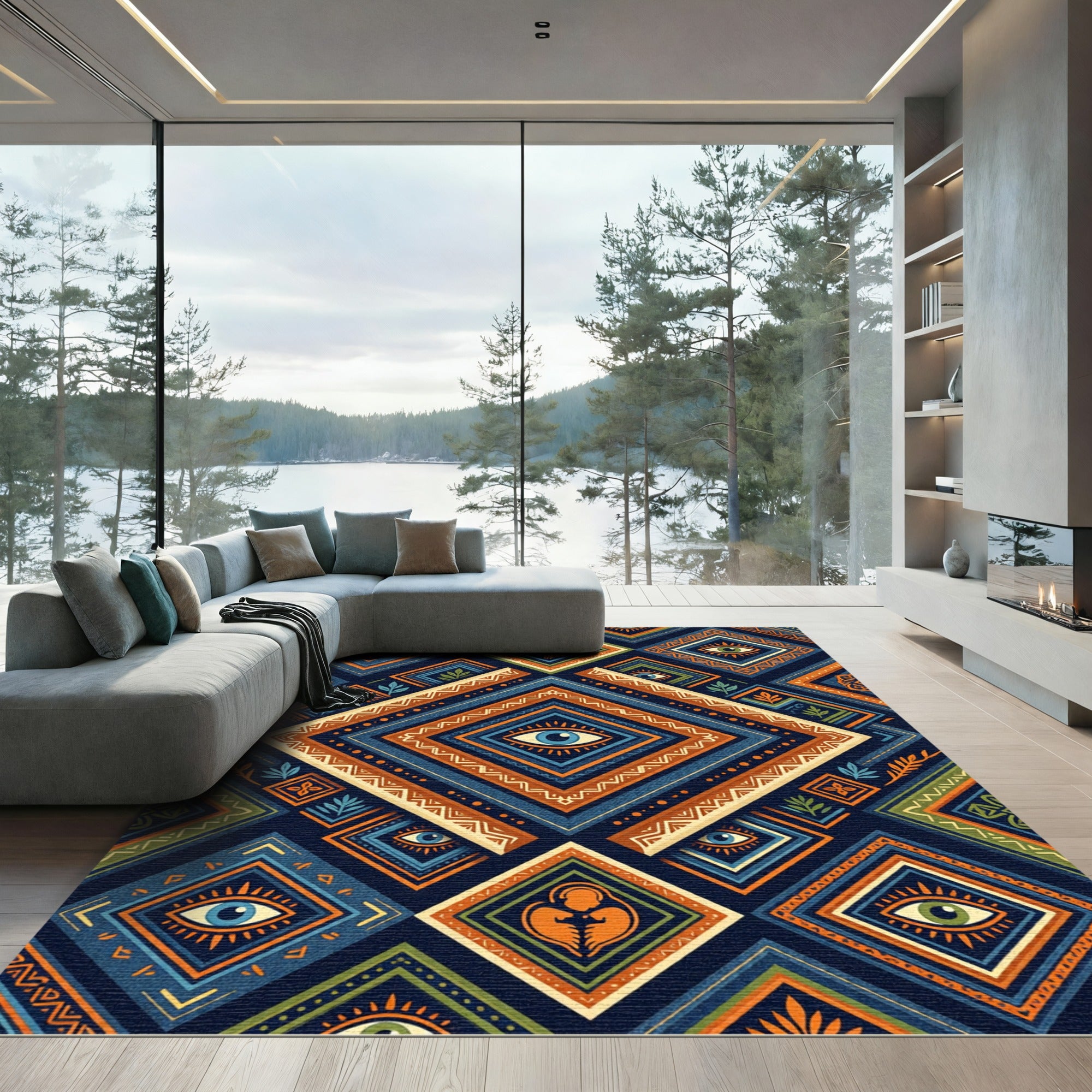 Mystic Eye Geometric Diamond Amber Navy Rug