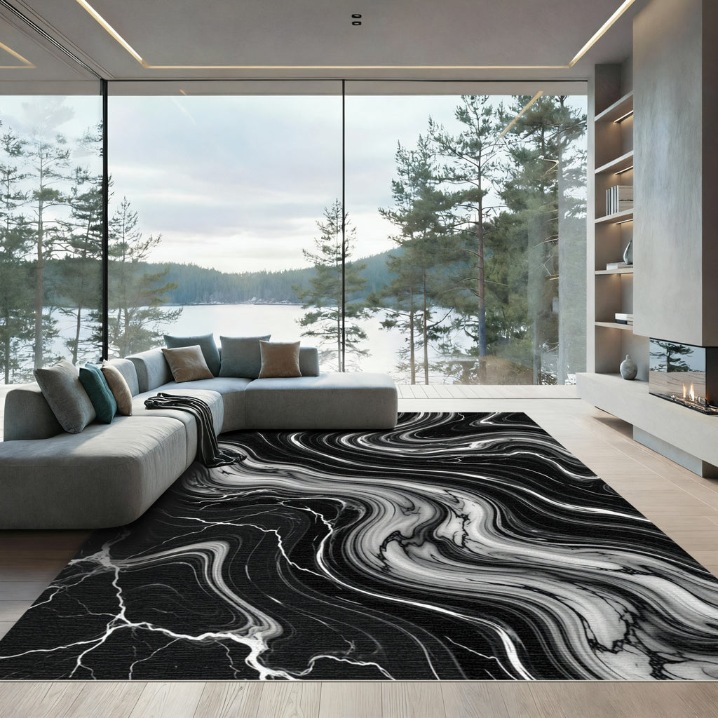 Chic Black White Swirl Marble Rug