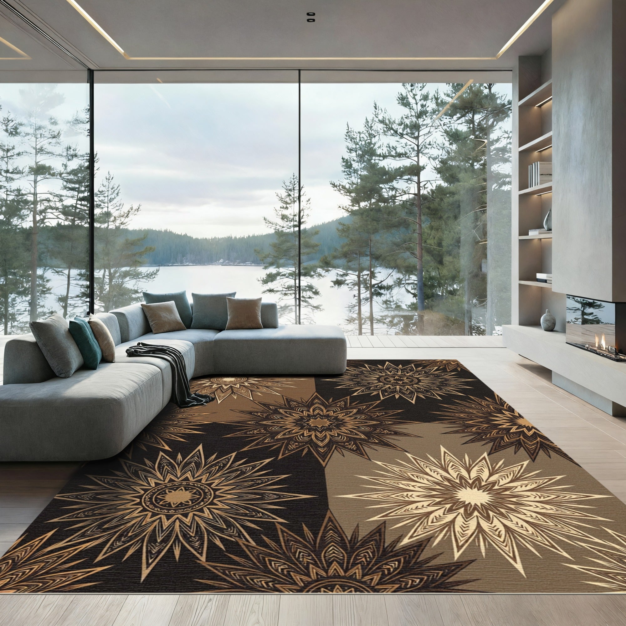 Golden Starburst Medallion Geometric Arrangement Rug