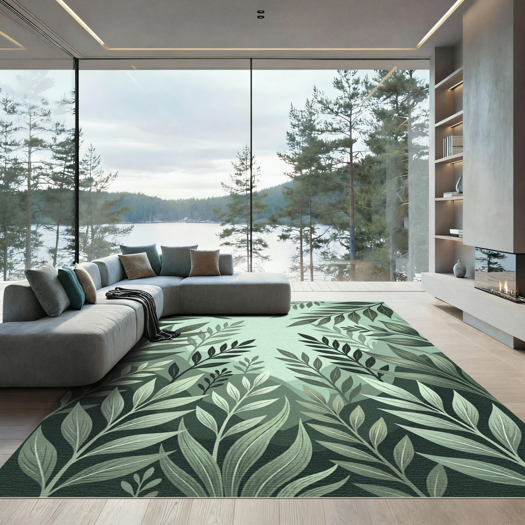 Lush Sage Botanical Fern Leaves Rug