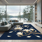 Elegant White Magnolia Branch Navy Background Rug