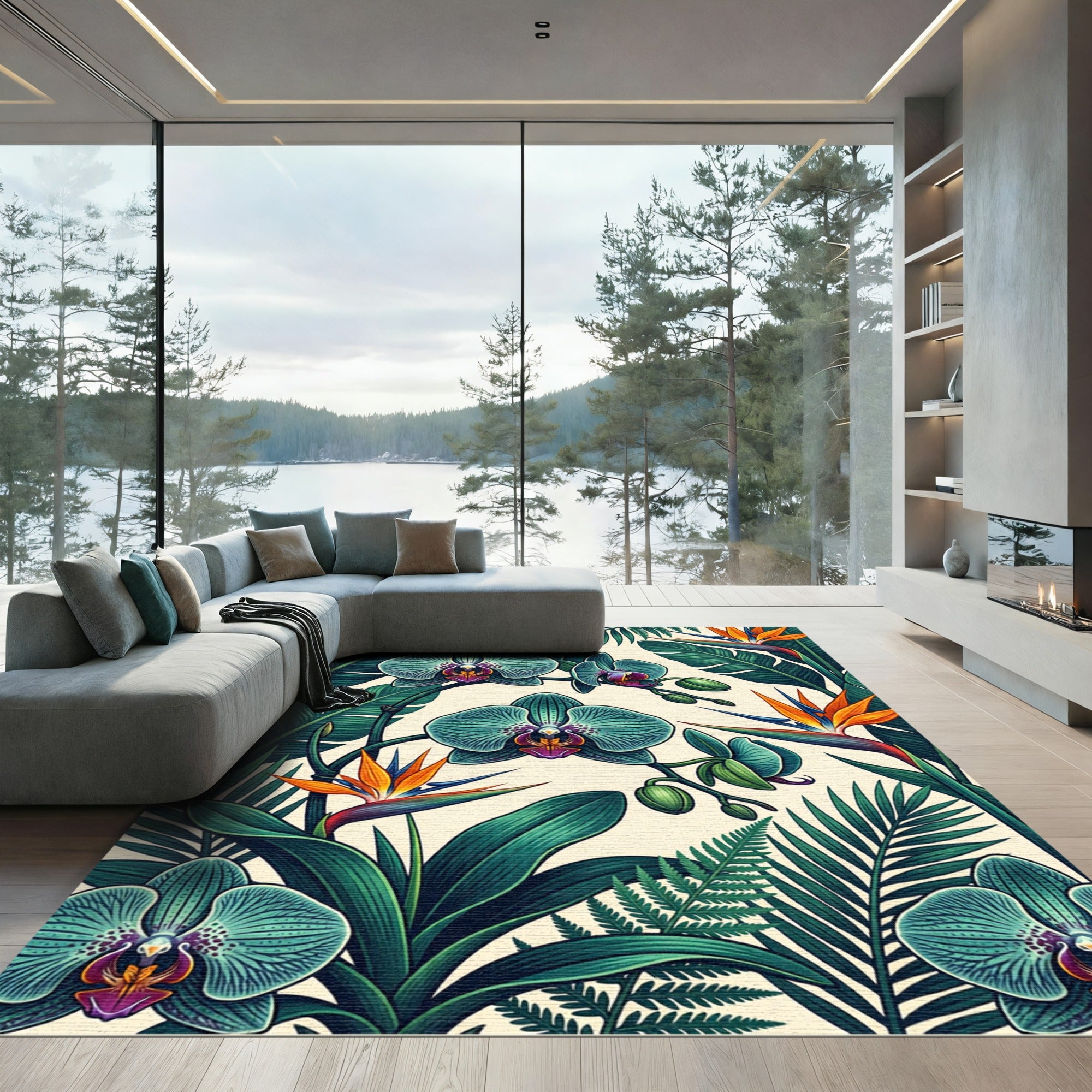 Tropical Orchid Bird Paradise Leaves Rug