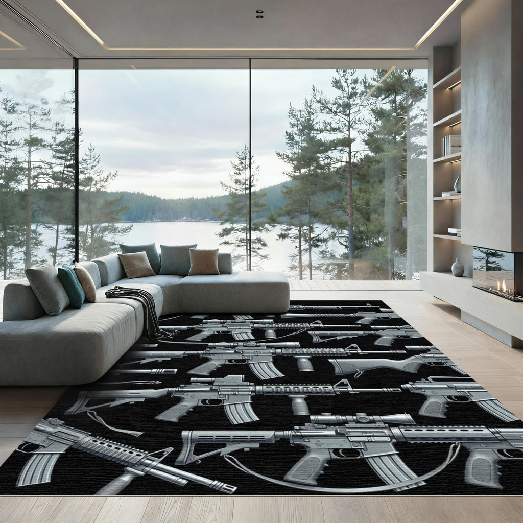 Monochrome Tactical Firearm Silhouette Arrangement Rug