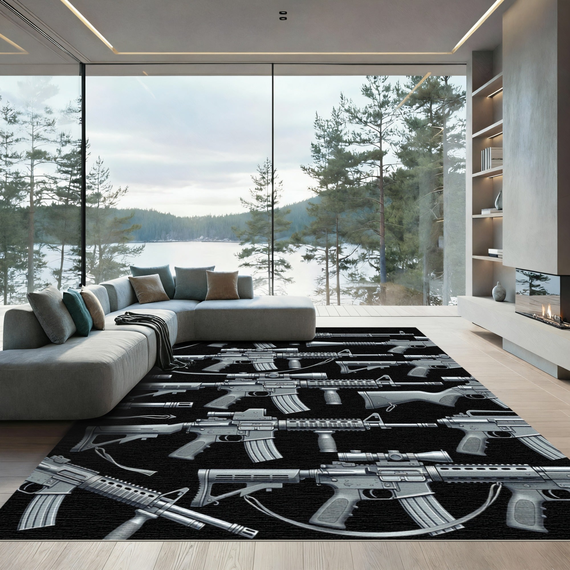 Monochrome Tactical Firearm Silhouette Arrangement Rug