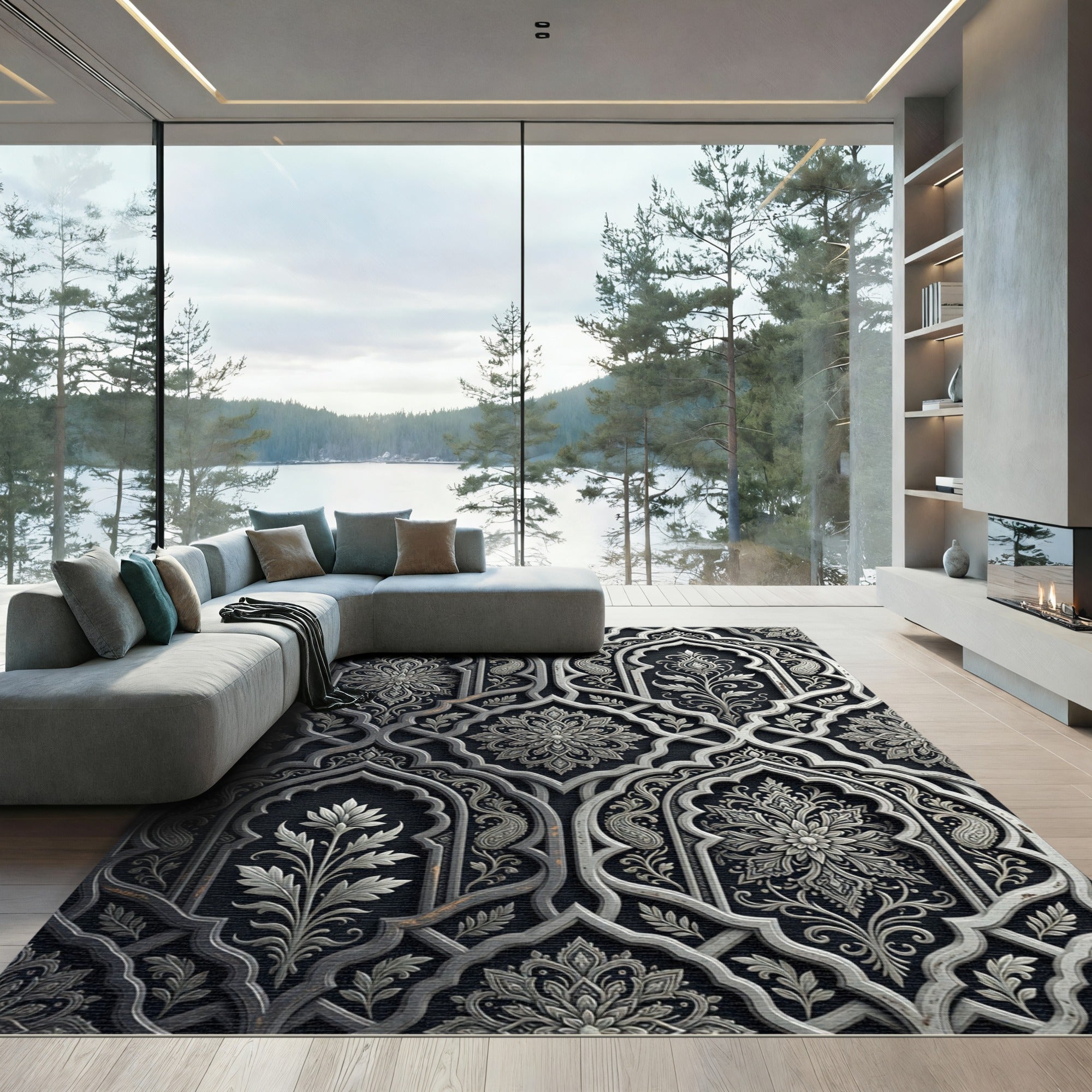 Elegant Silver Arabesque Floral Overlay Rug