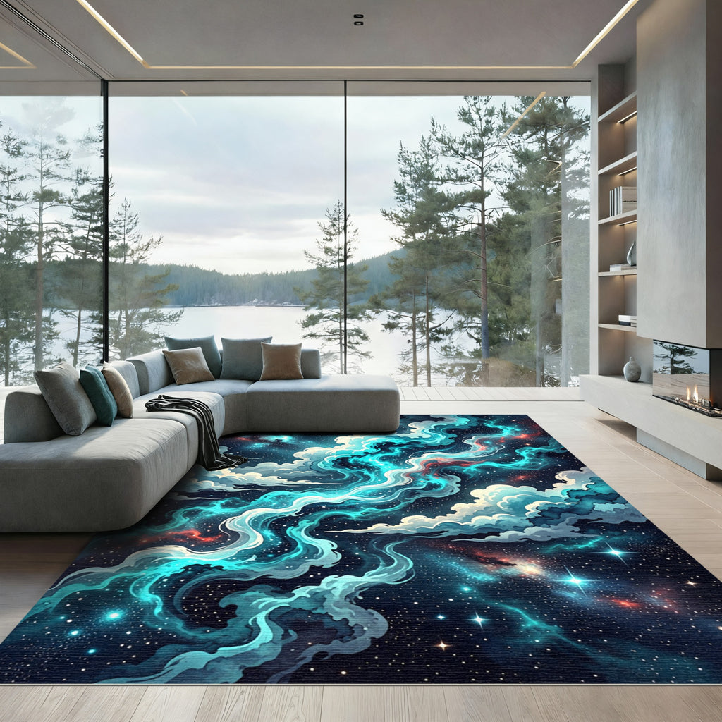 Celestial Teal Nebula Cosmic Swirl Rug