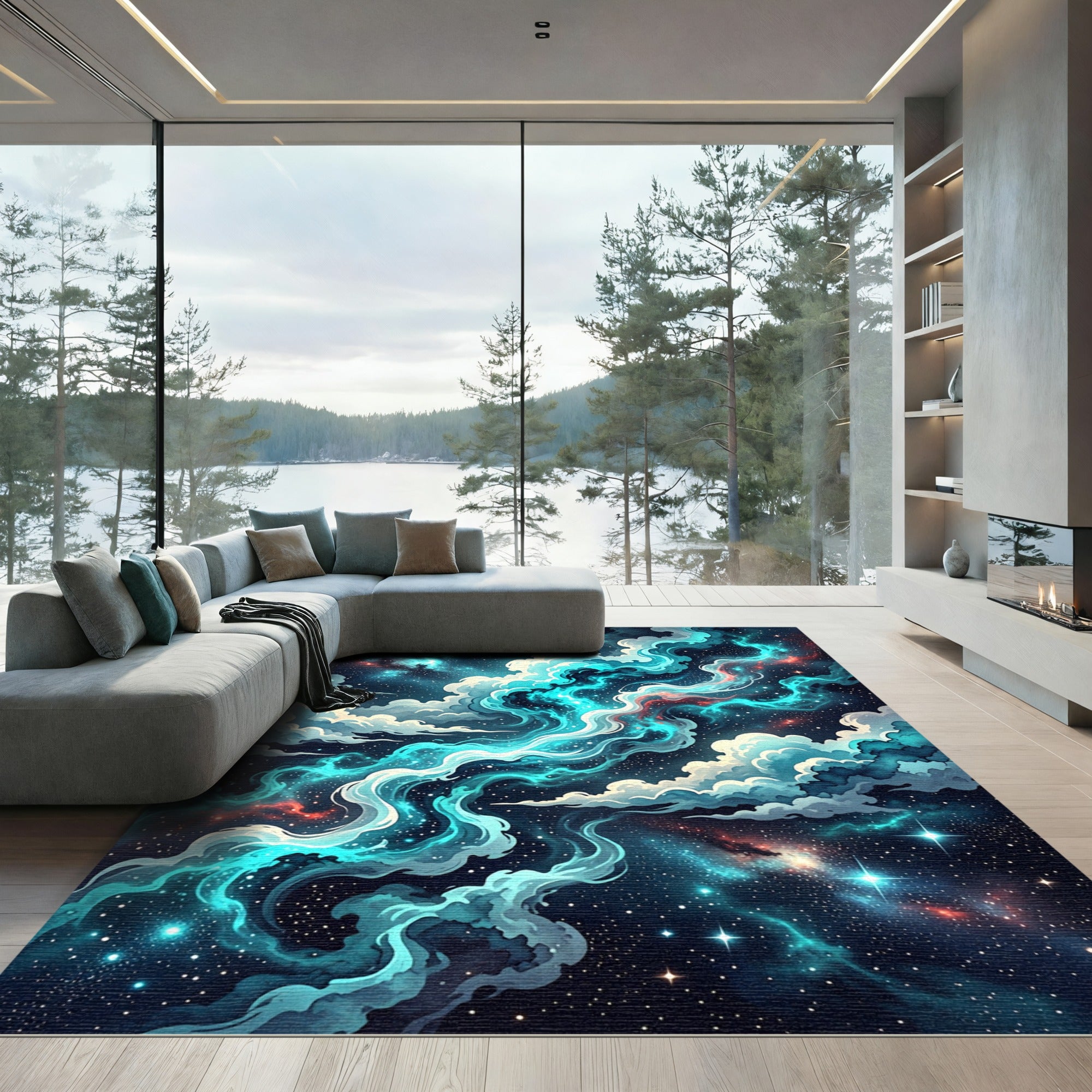 Celestial Teal Nebula Cosmic Swirl Rug