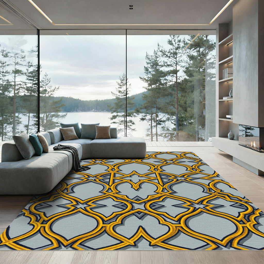 Ornate Gold Lattice Arabesque Rug