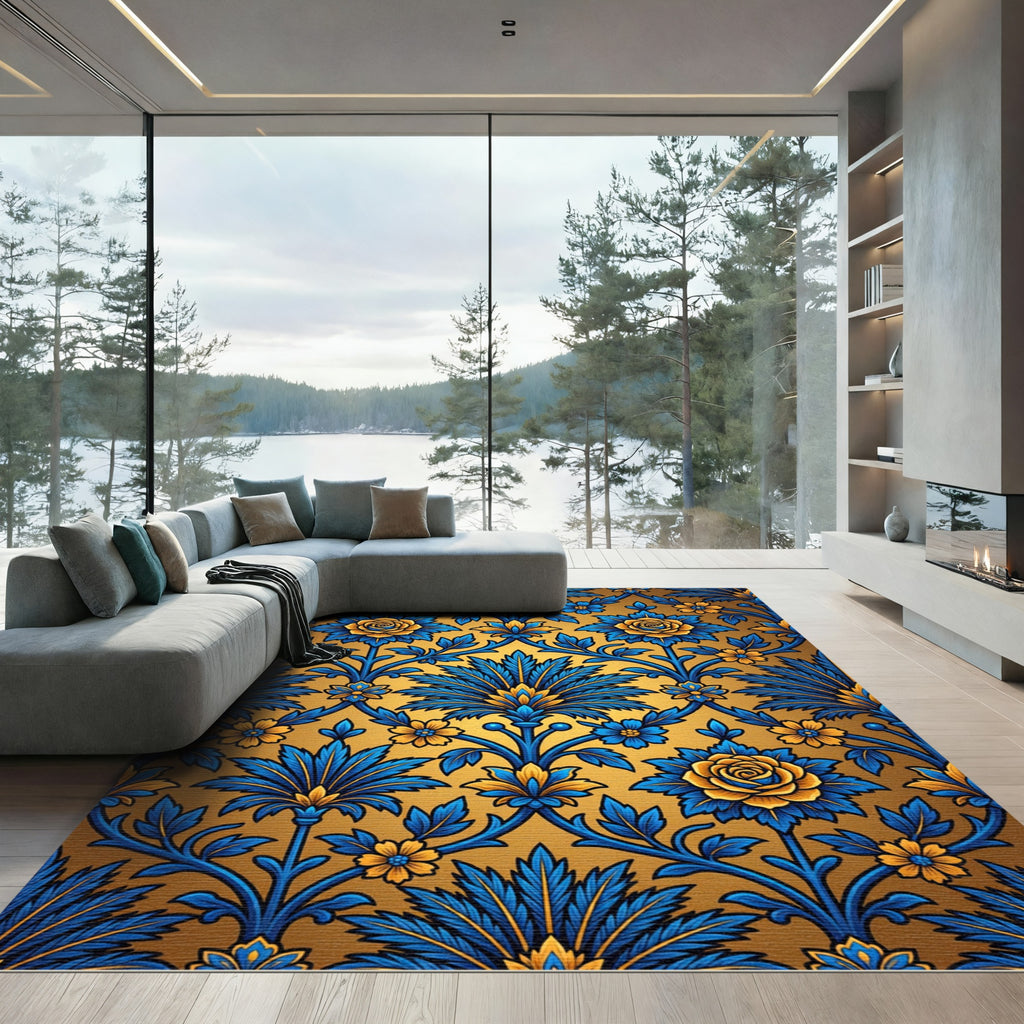 Blue Golden Floral Vine Ornament Rug