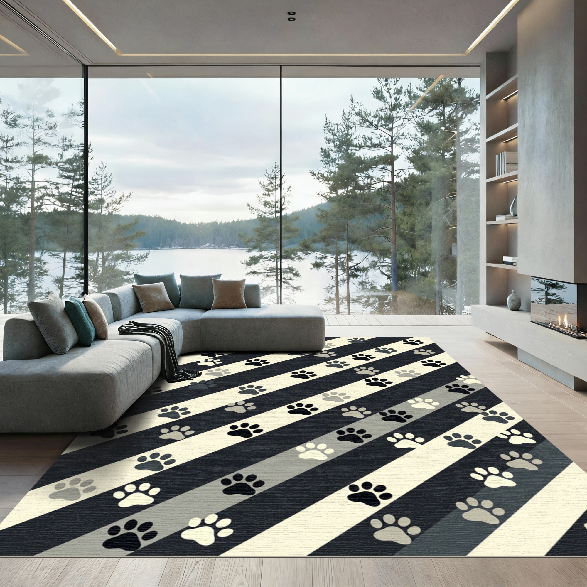 Monochrome Paw Striped Graphic Rug