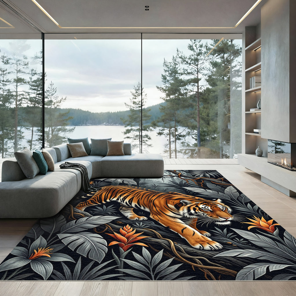 Vivid Orange Tiger Jungle Foliage Rug