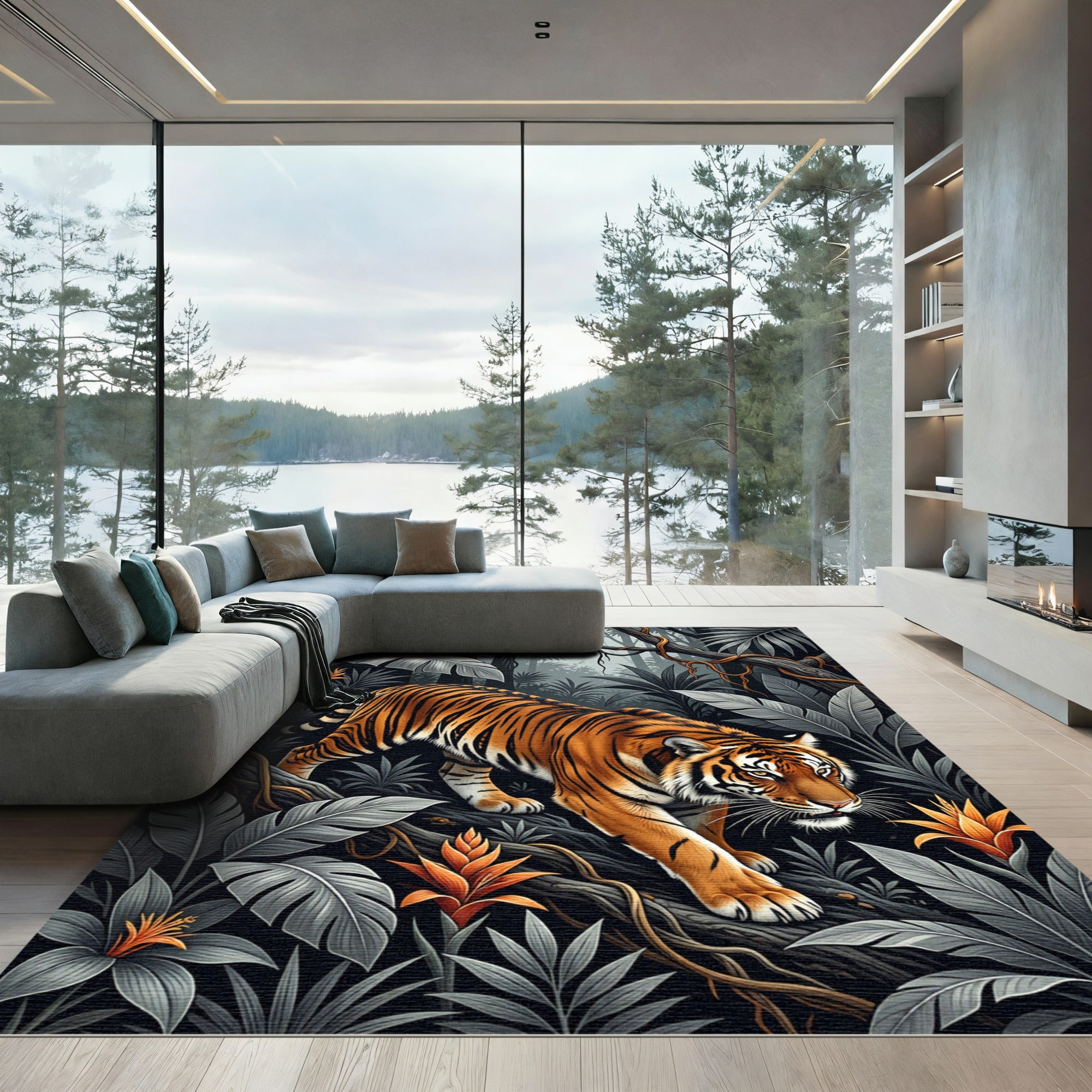 Vivid Orange Tiger Jungle Foliage Rug