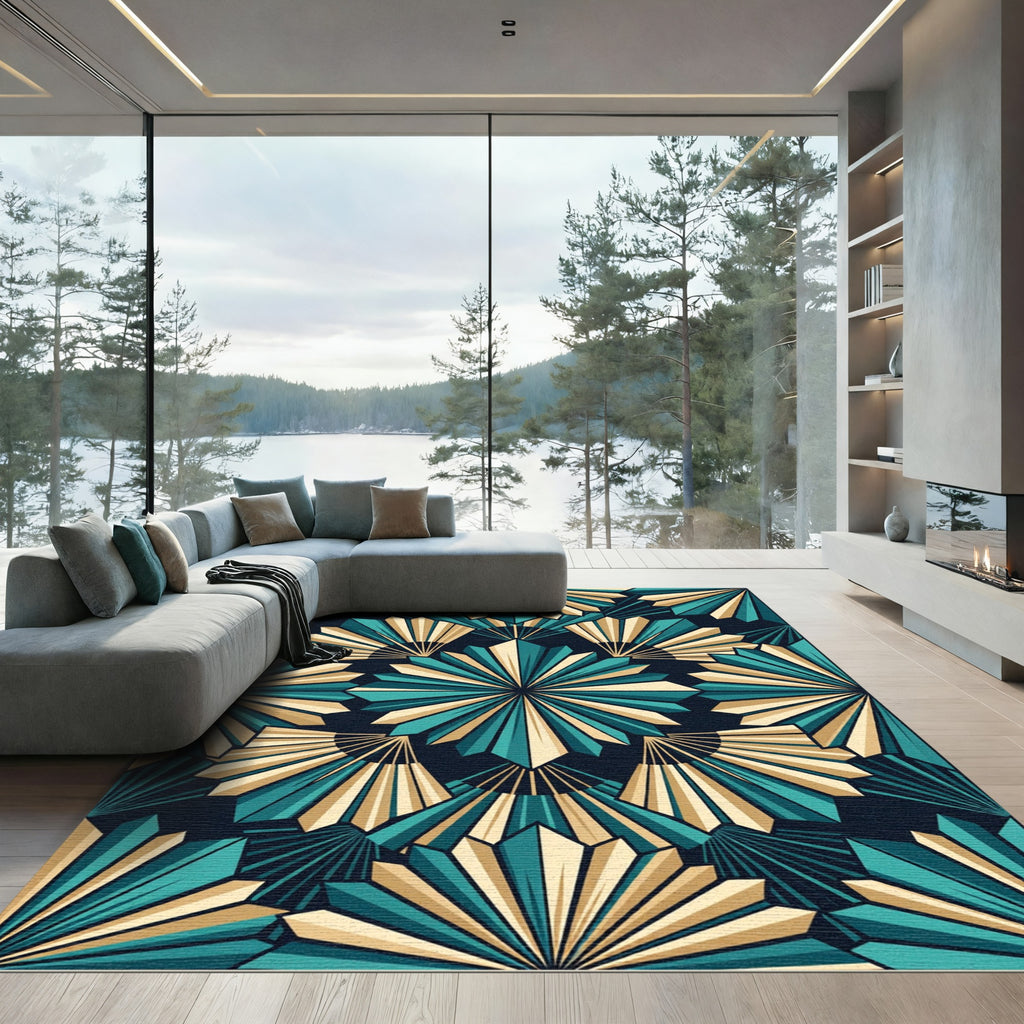Teal Gold Art Deco Fan Rug