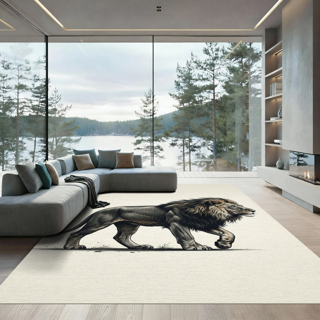 Majestic Charcoal Lion Portrait Illustration Rug