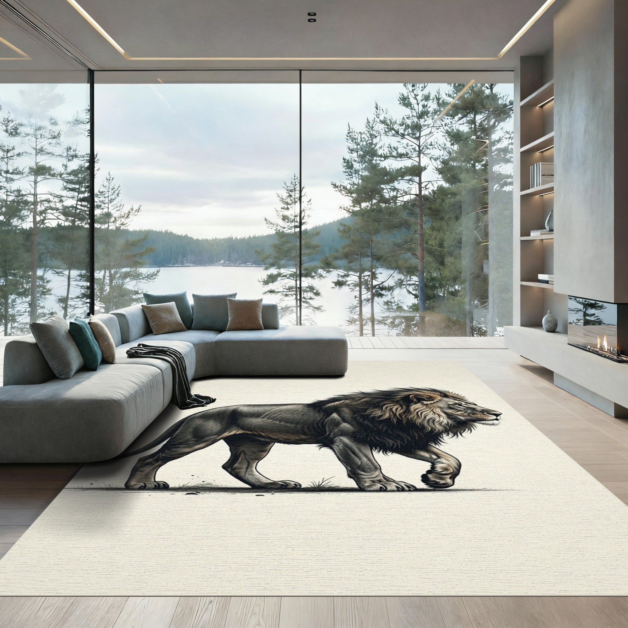 Majestic Charcoal Lion Portrait Illustration Rug