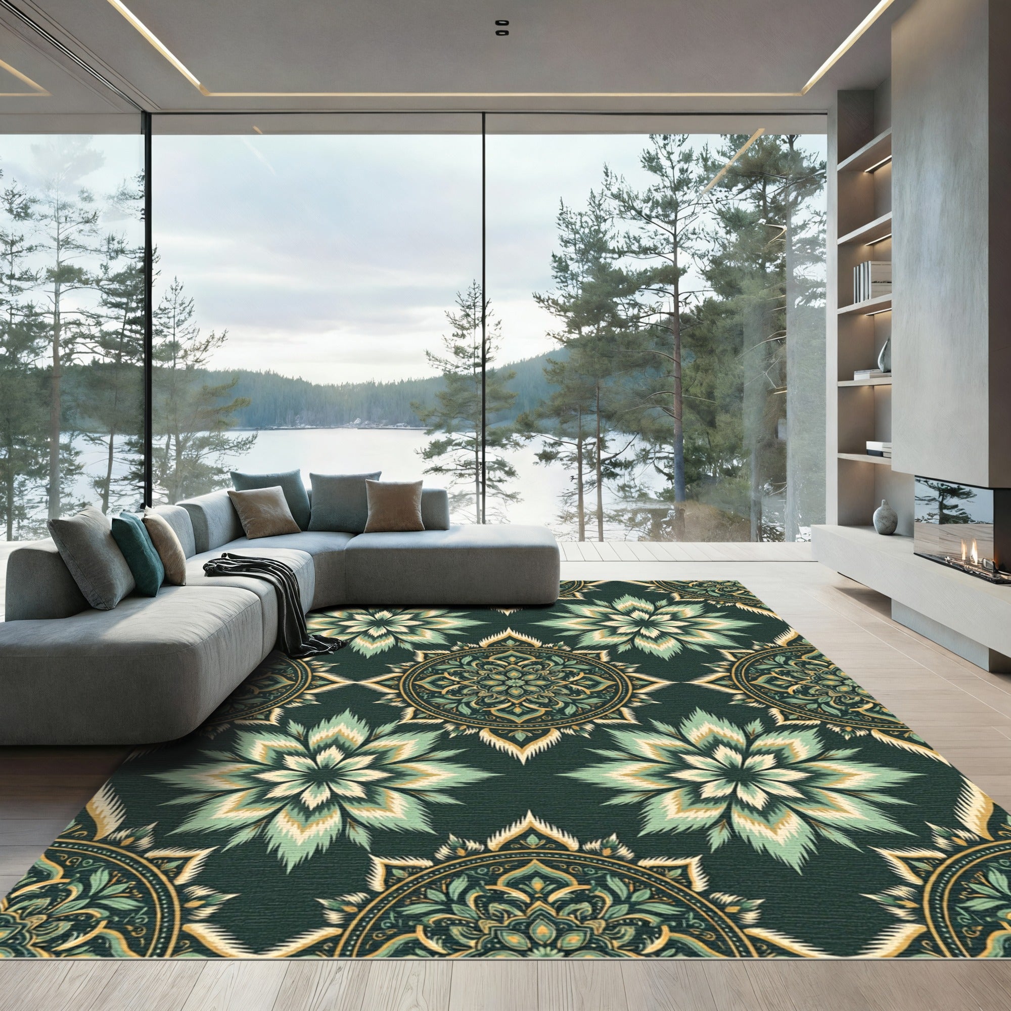 Emerald Green Layered Medallion Floral Rug
