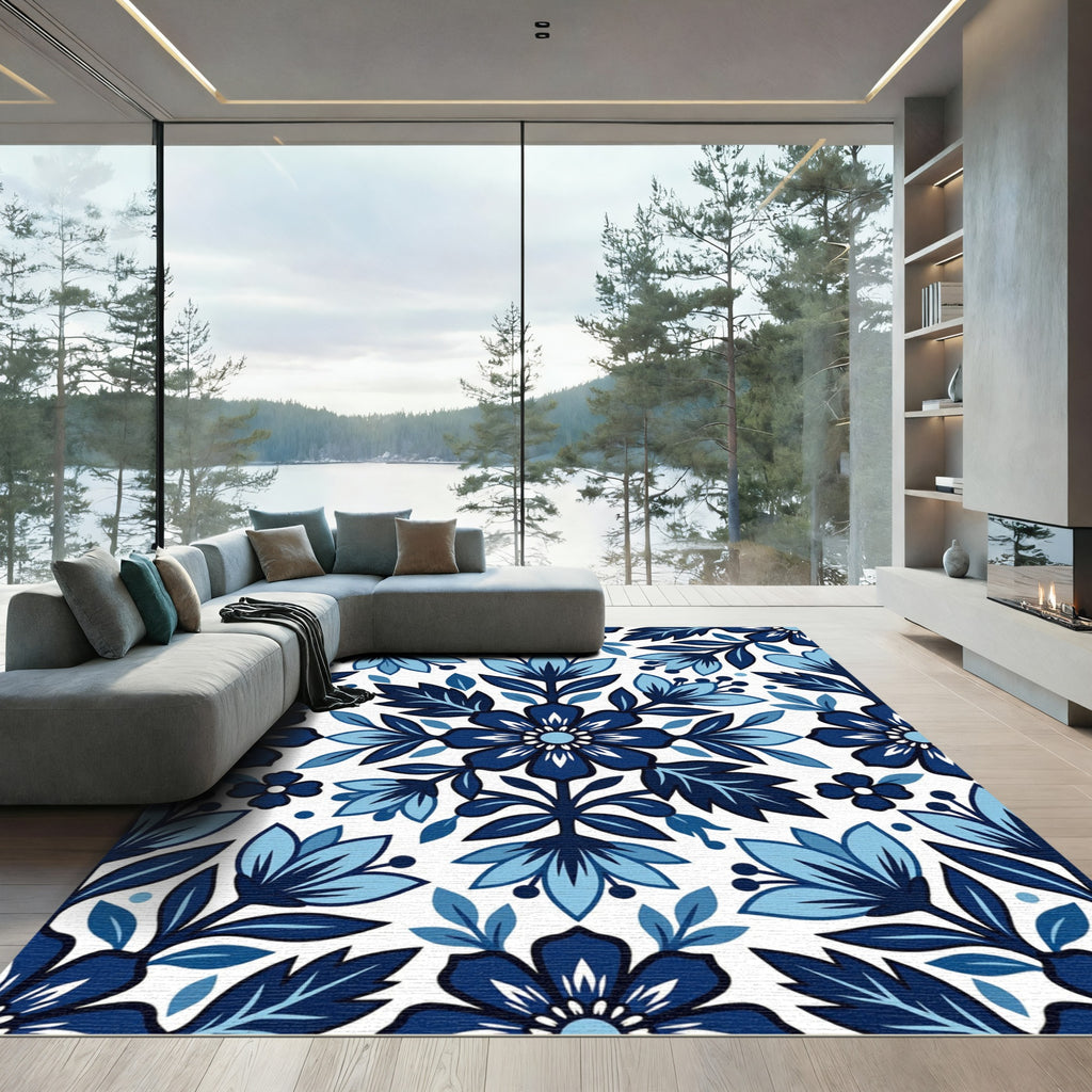Indigo Floral Damask Botanical Square Rug