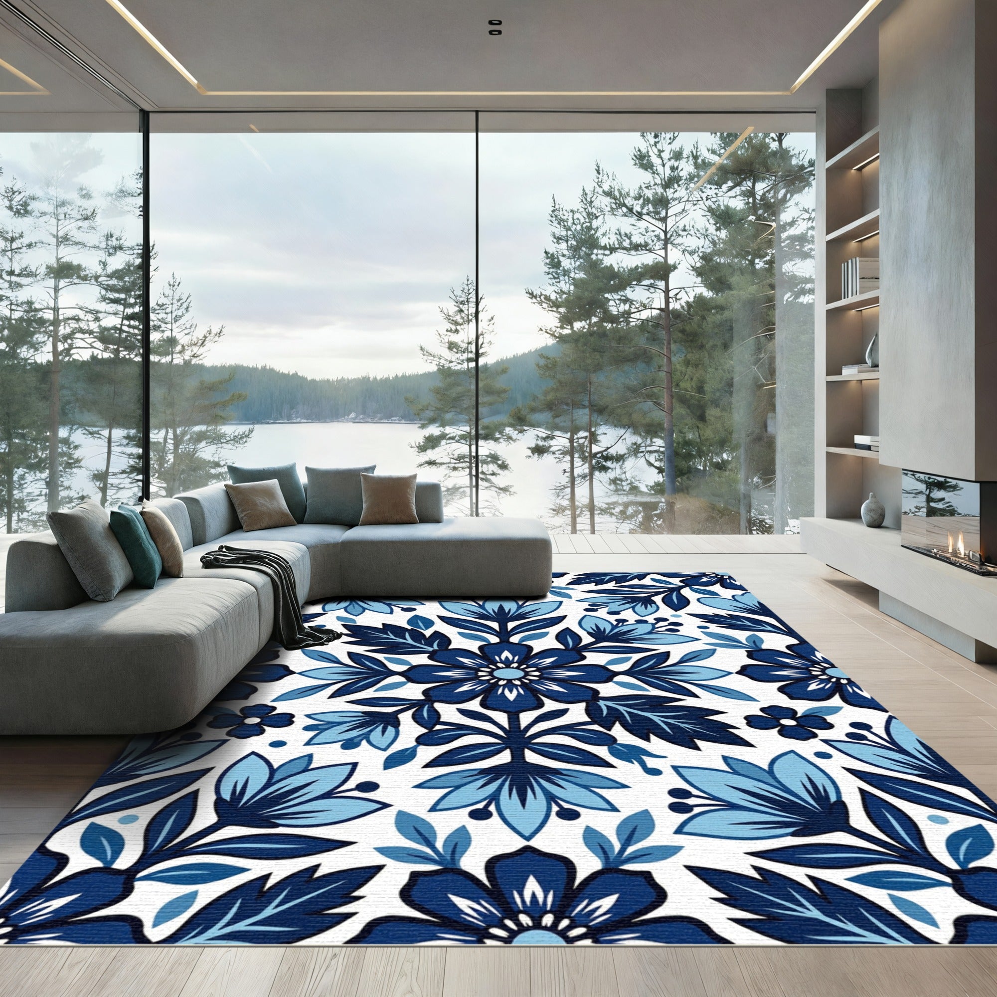 Indigo Floral Damask Botanical Square Rug