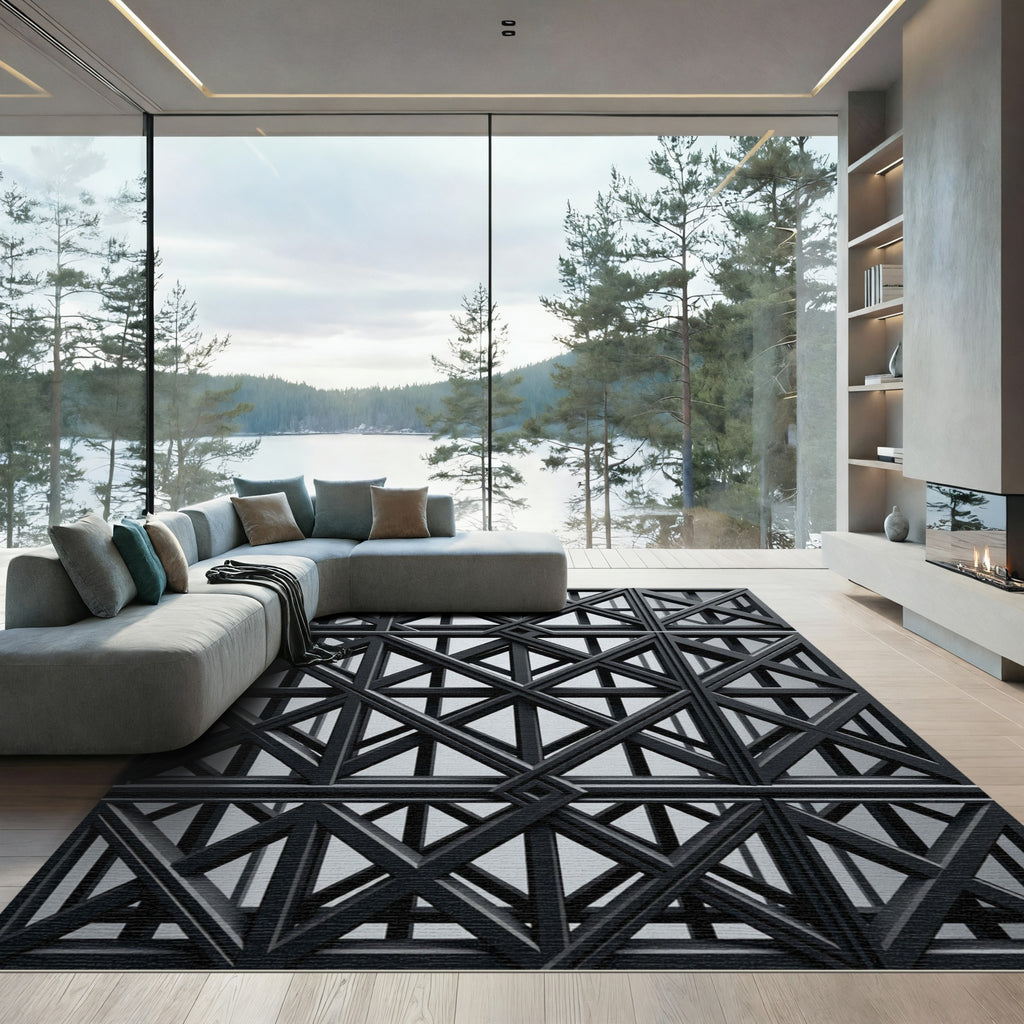 Modern Charcoal Geometric Interlocking Lattice Rug