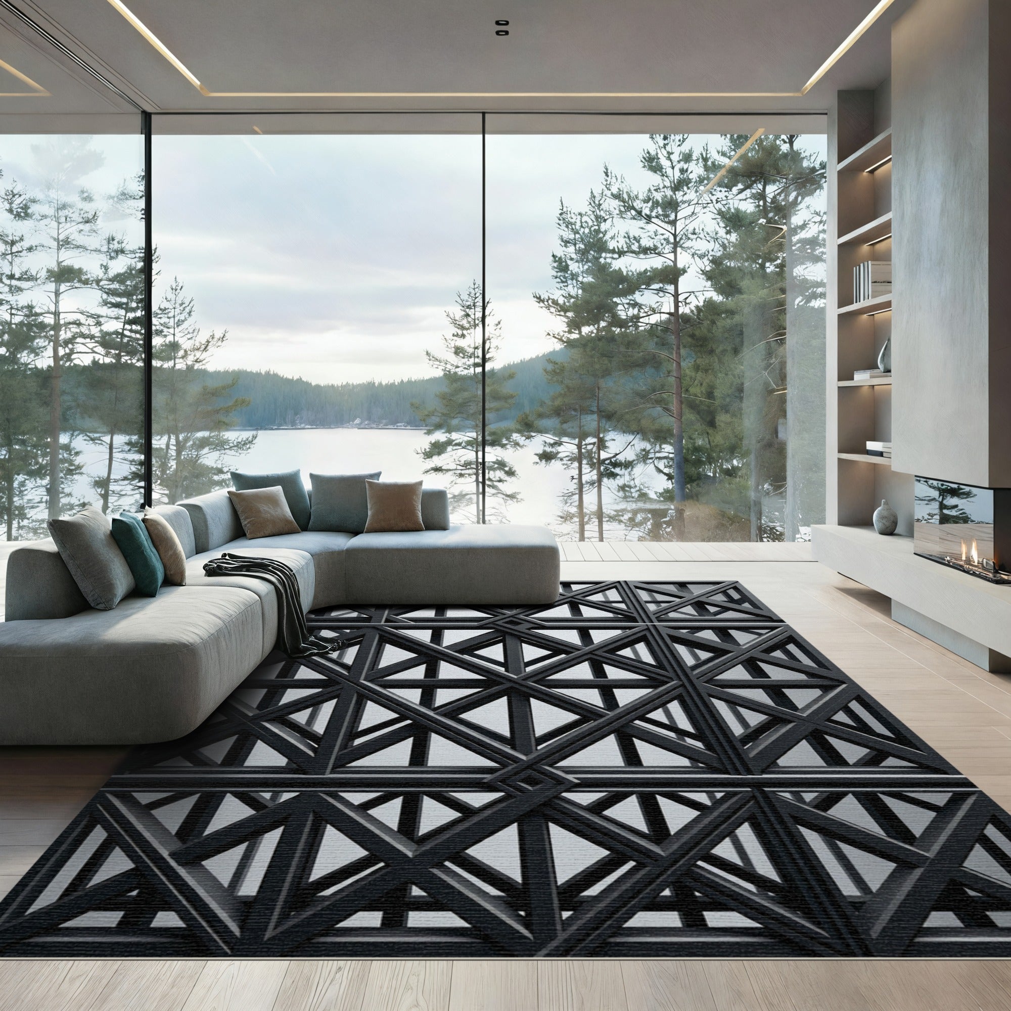 Modern Charcoal Geometric Interlocking Lattice Rug