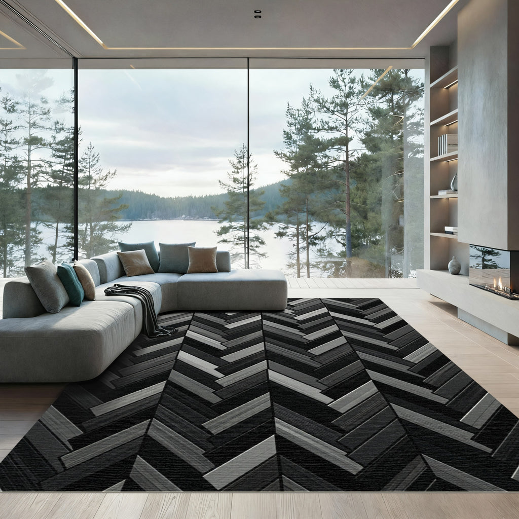 Monochrome Herringbone Charcoal Linear Arrangement Rug