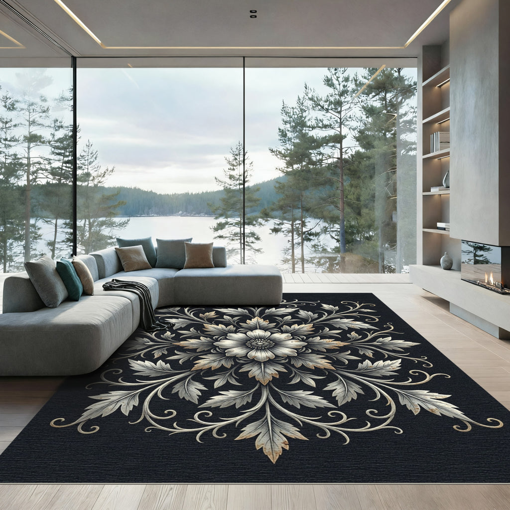 Silver Floral Damask Monochromatic Medallion Rug