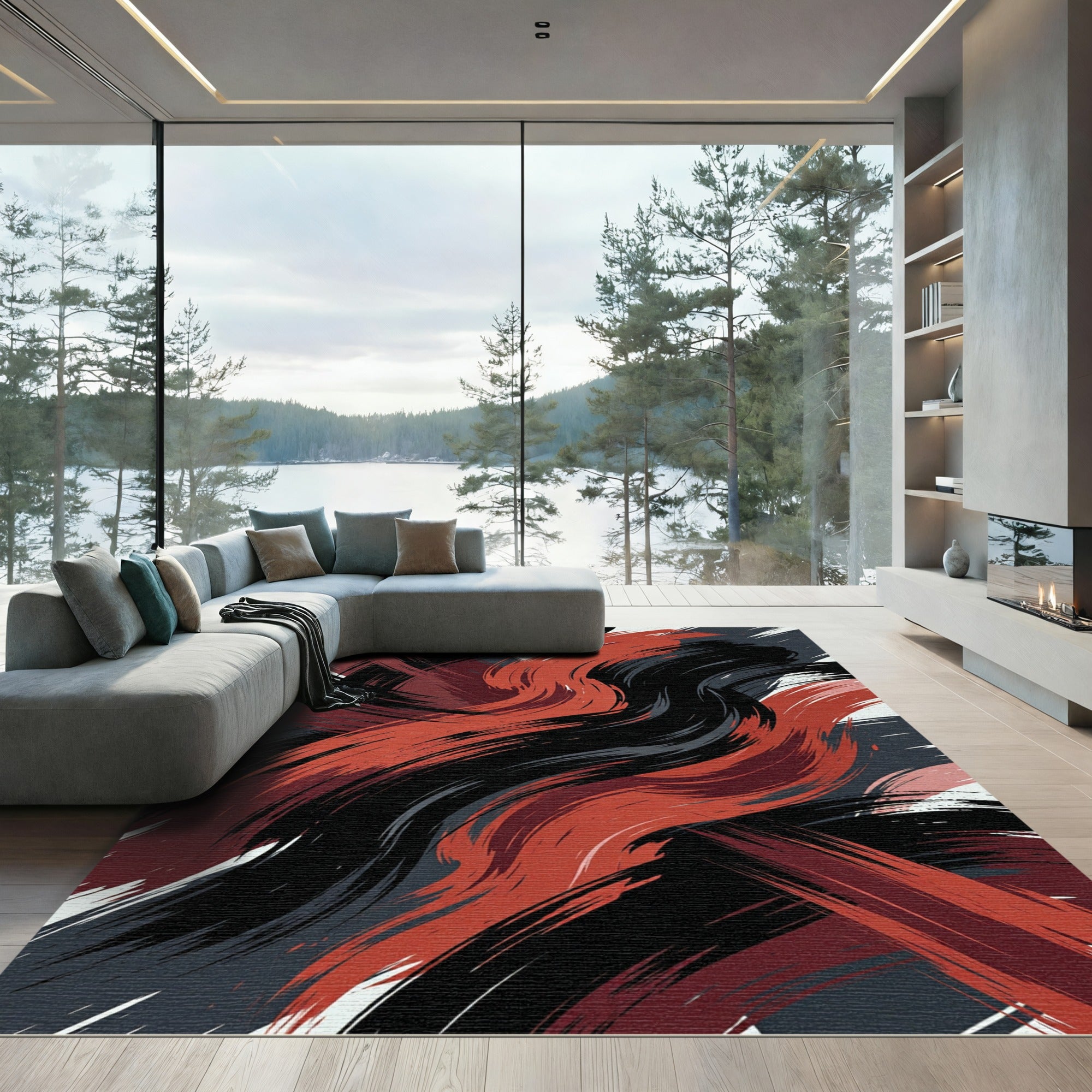 Bold Crimson and Charcoal Abstract Sweep Rug