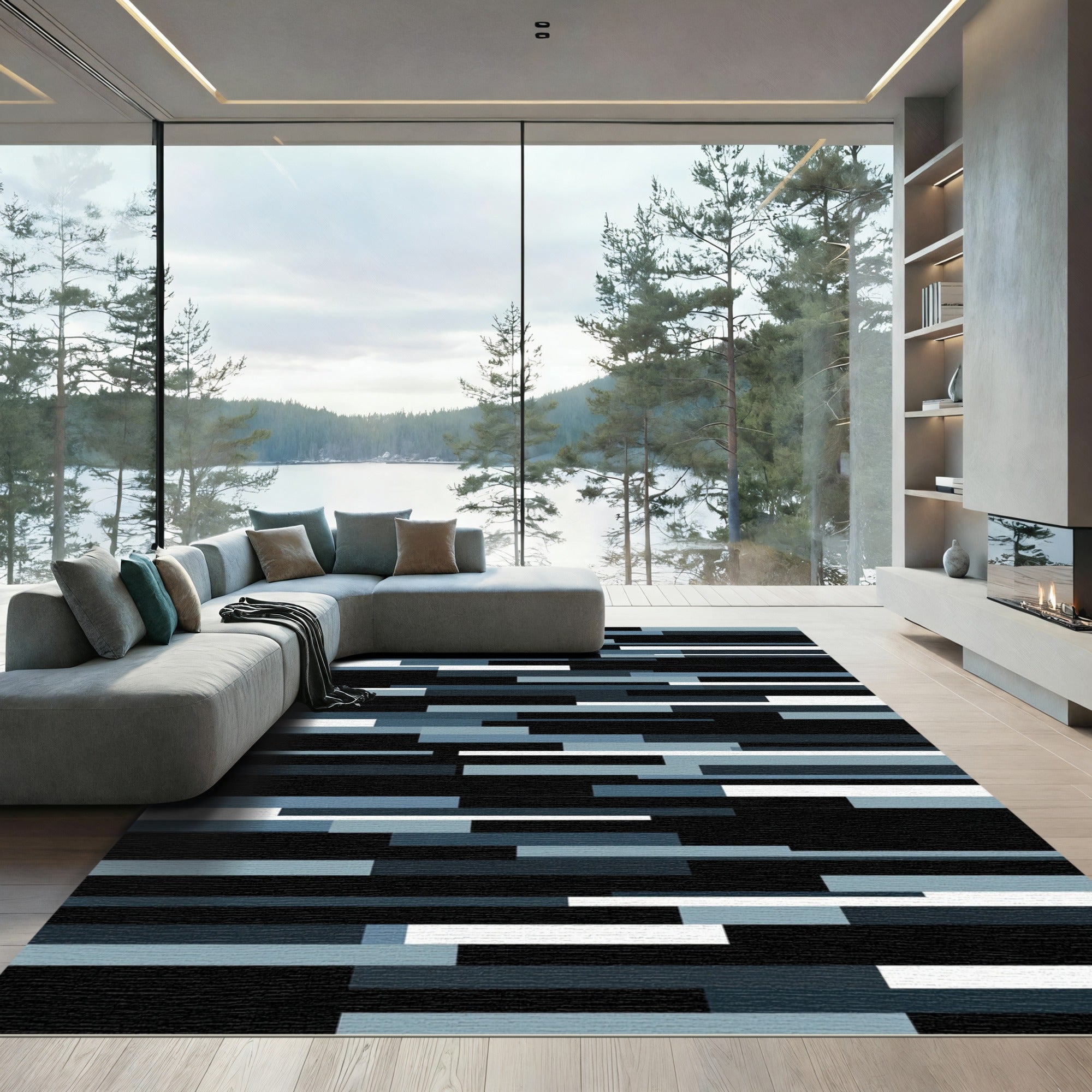 Modern Blue Gray Horizontal Stripe Rug