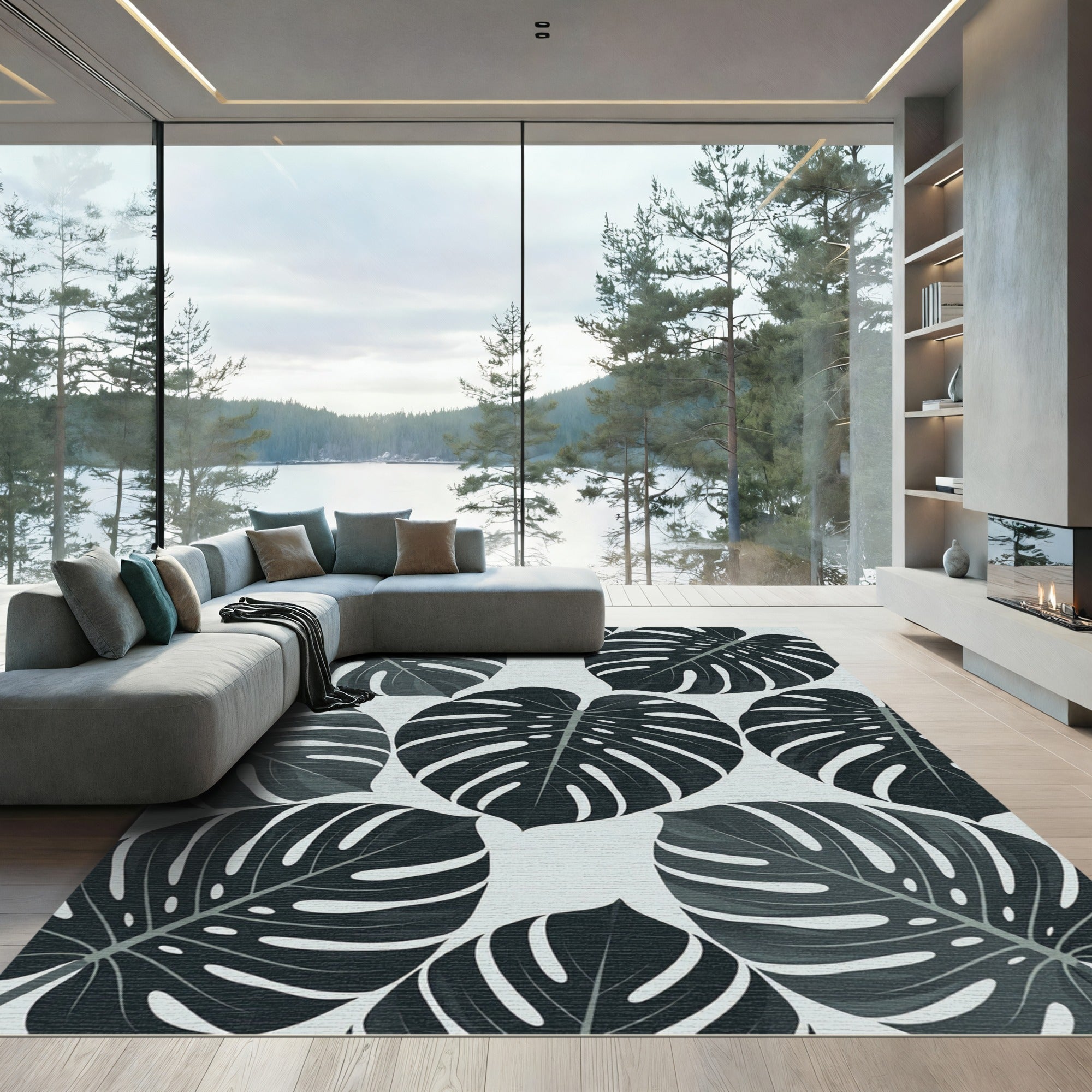 Monstera Leaves Tropical Dark Gray Rug