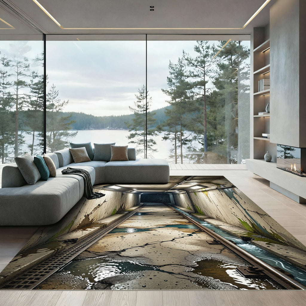 Gritty Tunnel with Blue Water Stains Rug