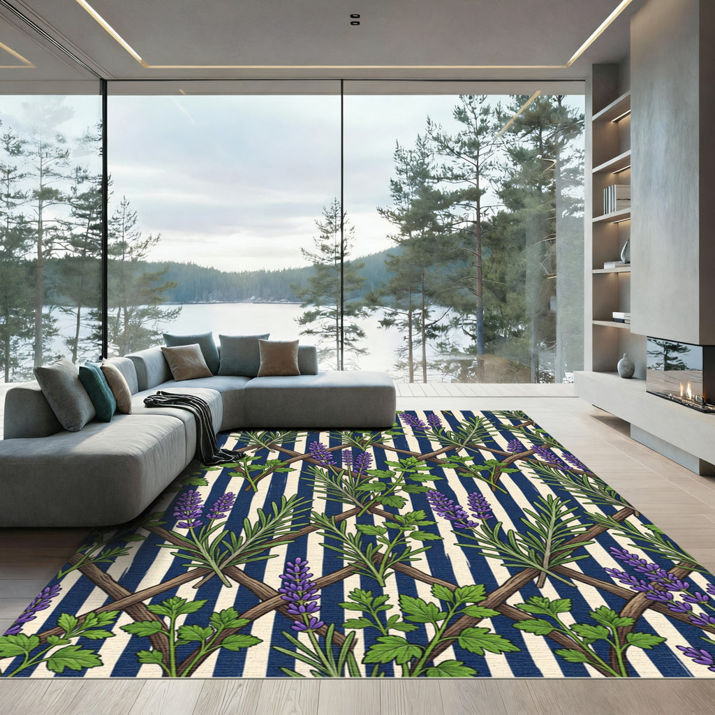 Lavender and Herb Trellis Navy Stripe Rug