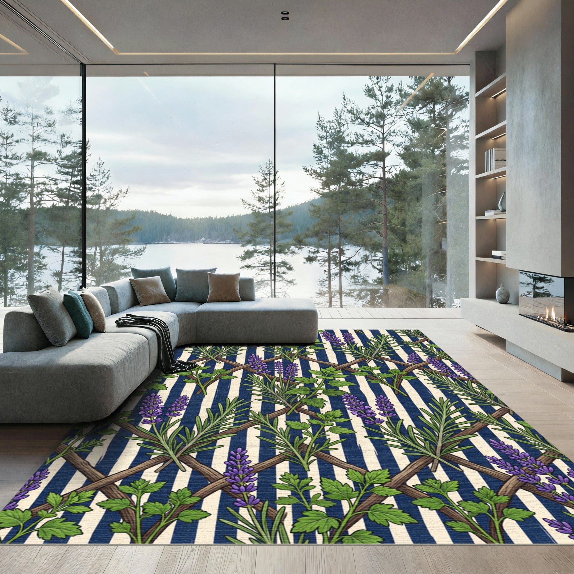 Lavender and Herb Trellis Navy Stripe Rug