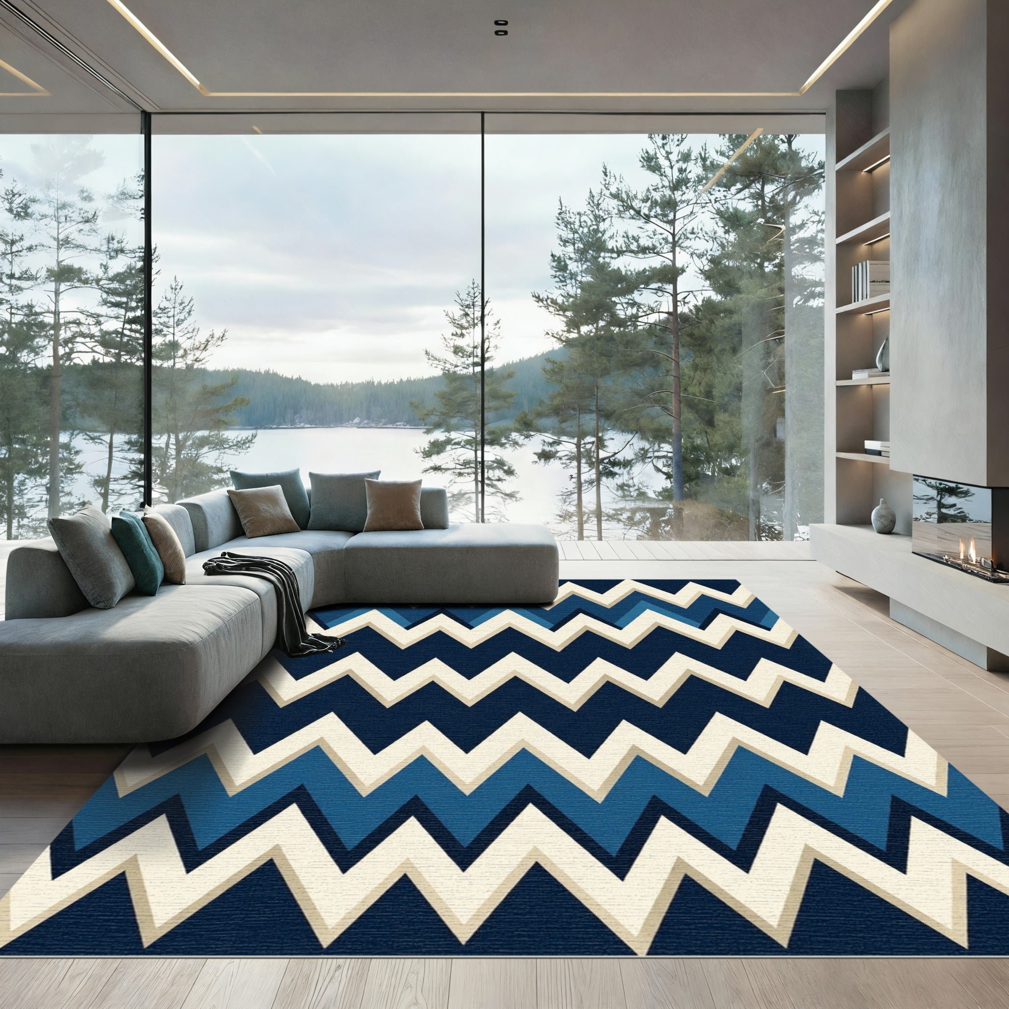 Bold Navy Blue Zigzag Chevron Rug