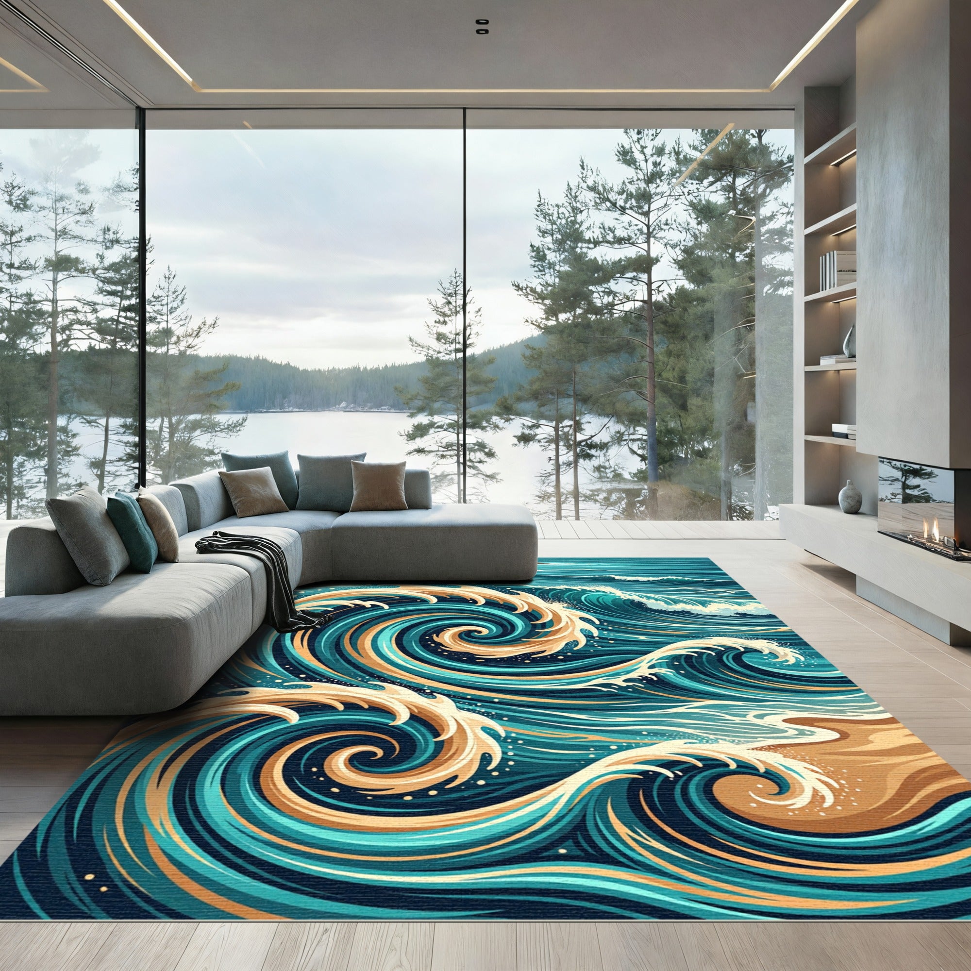 Coastal Blue Gold Swirling Wave Rug