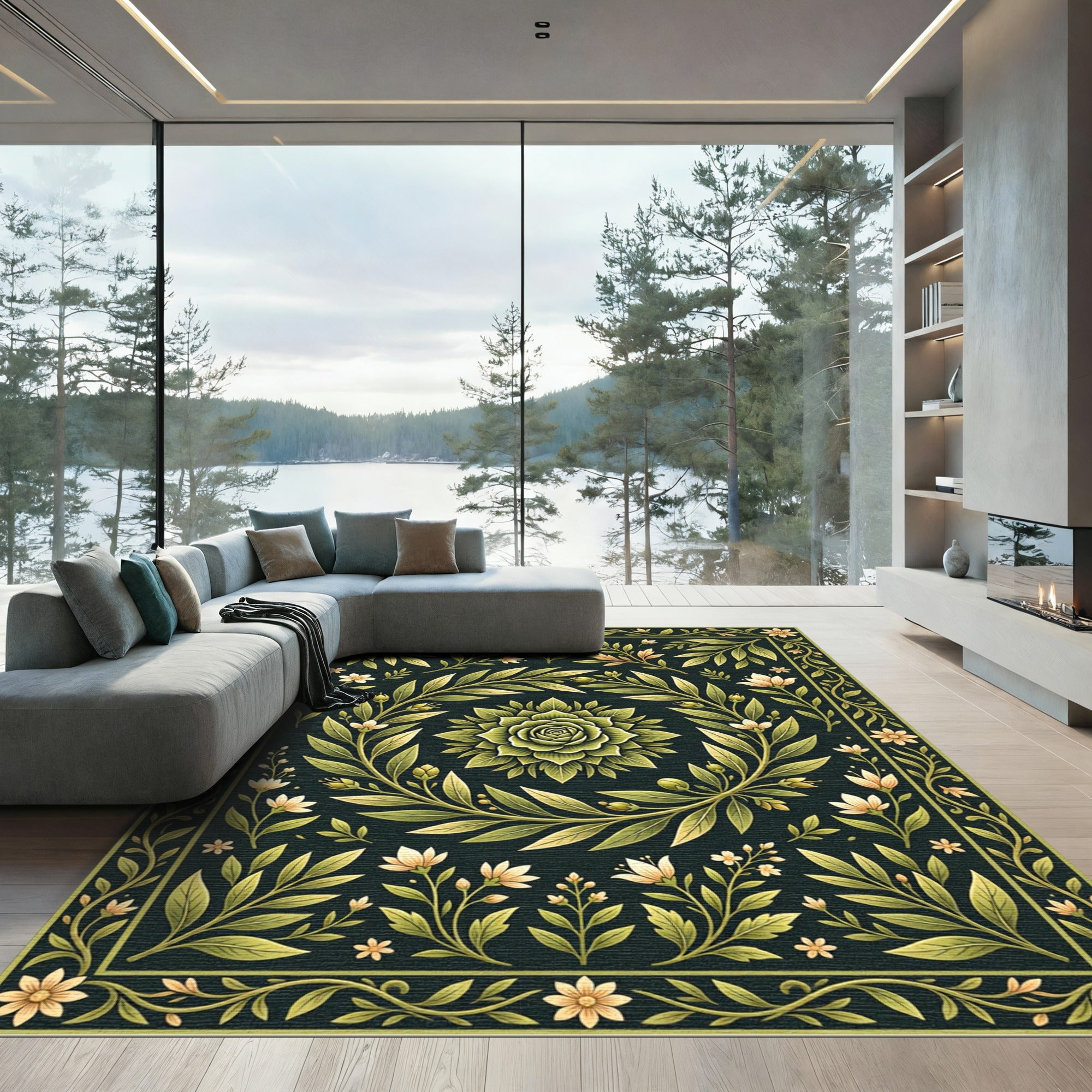 Elegance Forest Green Botanical Wreath Rug