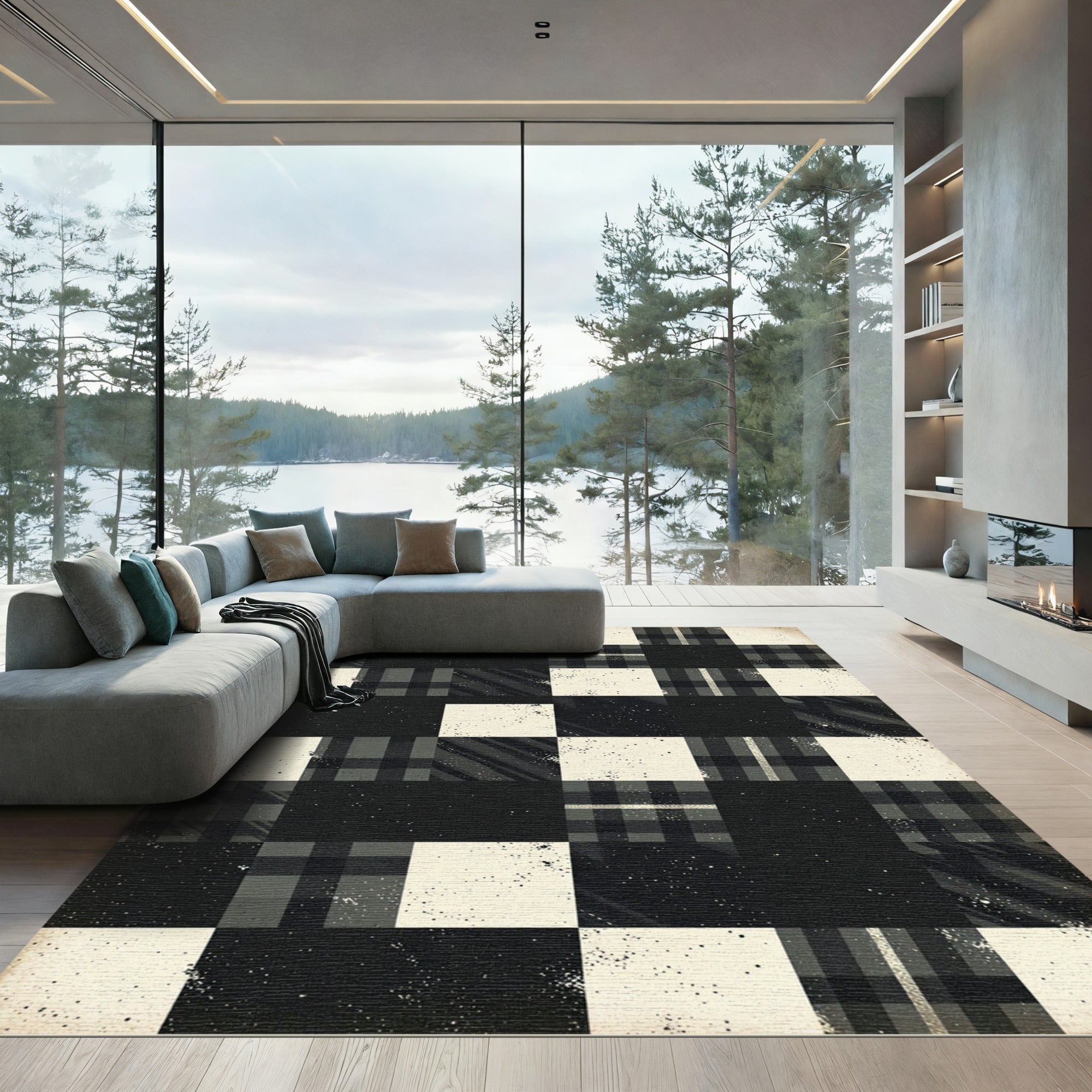 Monochrome Gingham Patchwork Grid Rug